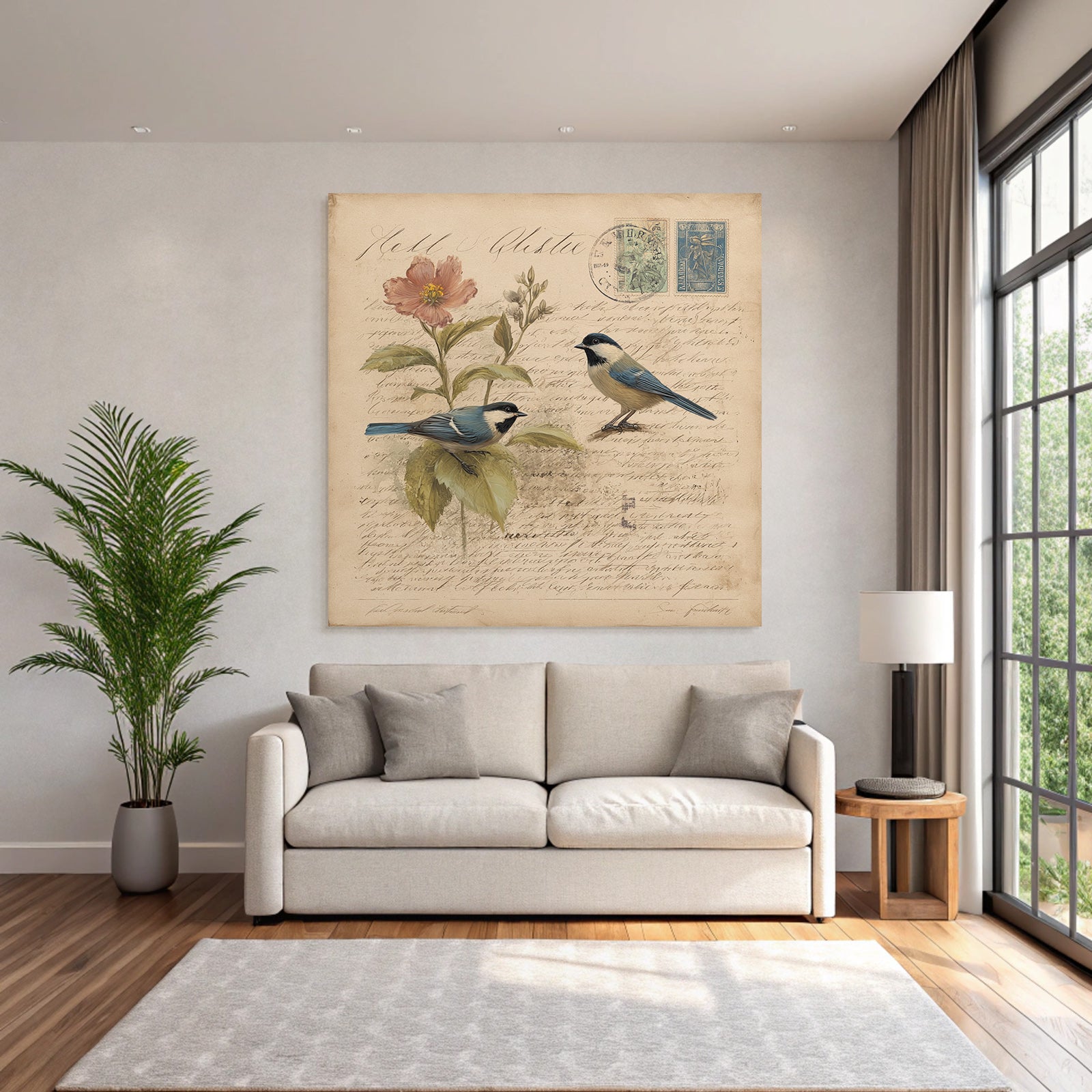 Vintage and Shabby Two Birds Flowers Illustration Vintage Botanical