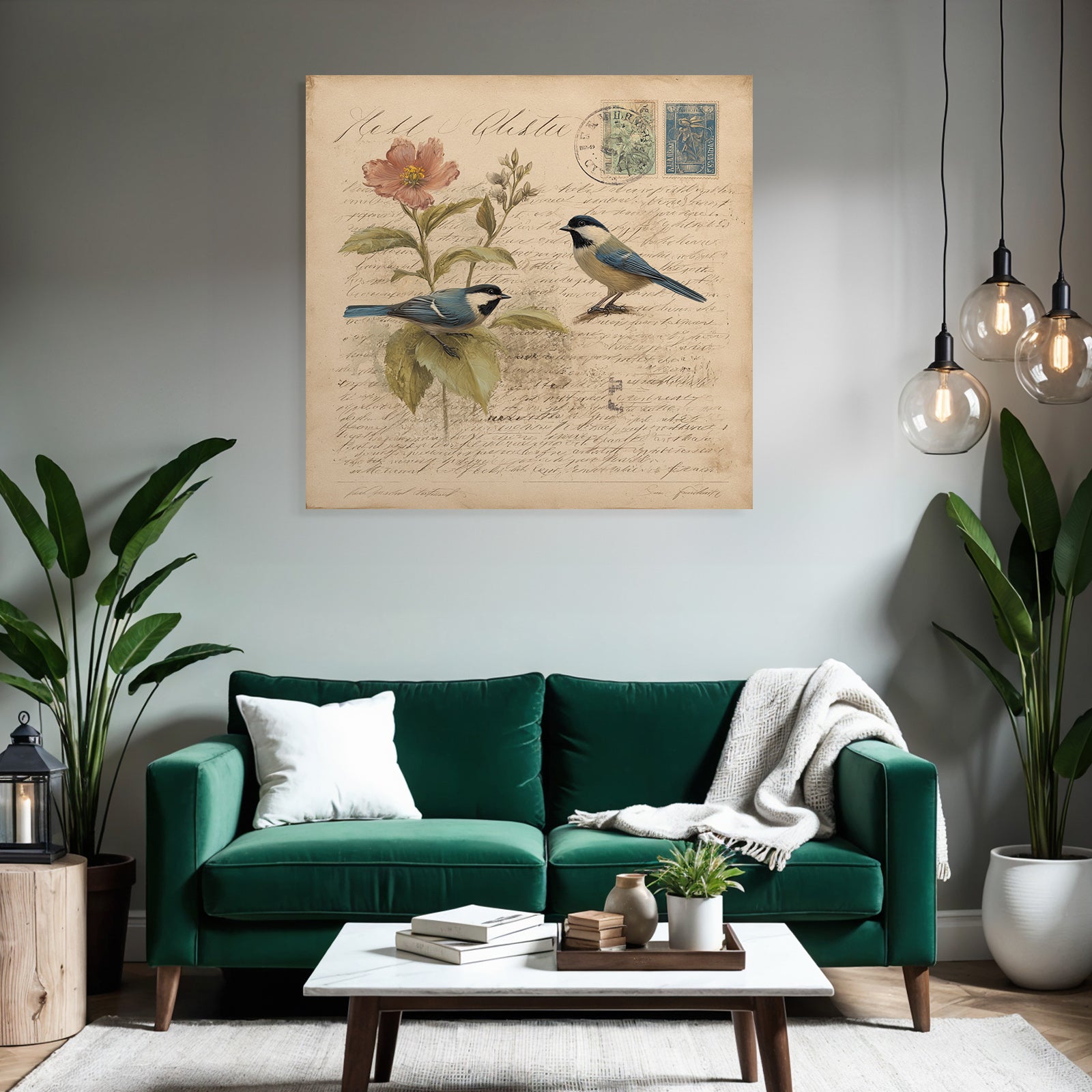 Vintage and Shabby Two Birds Flowers Illustration Vintage Botanical