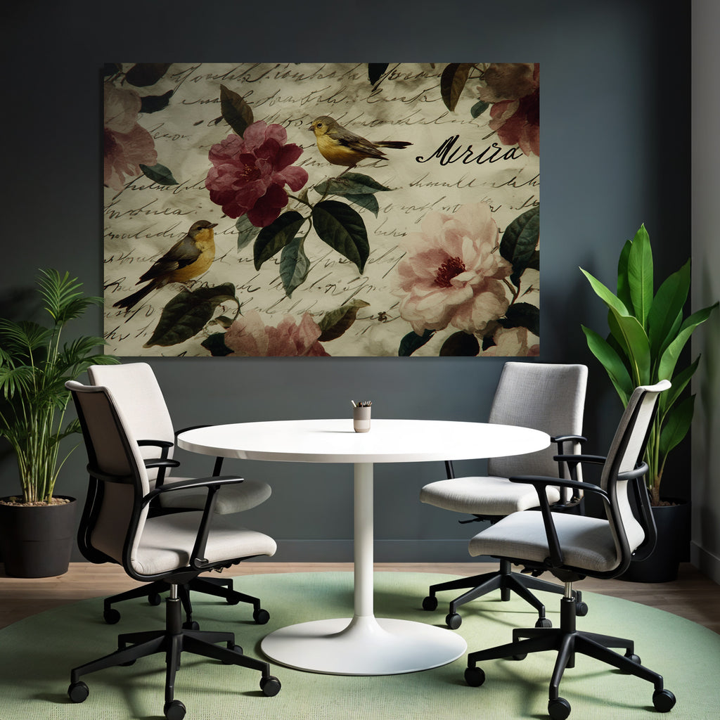 Vintage Und Shabby Blumendesign Mit Voegeln Und Handschriftlichem Text