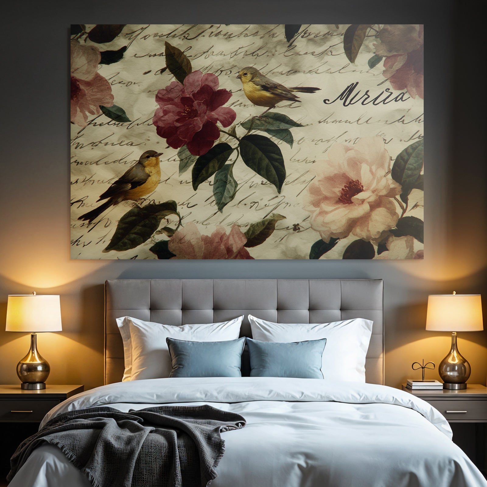 Vintage and shabby floral design with birds and handwritten text