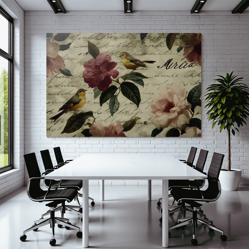 Vintage Und Shabby Blumendesign Mit Voegeln Und Handschriftlichem Text