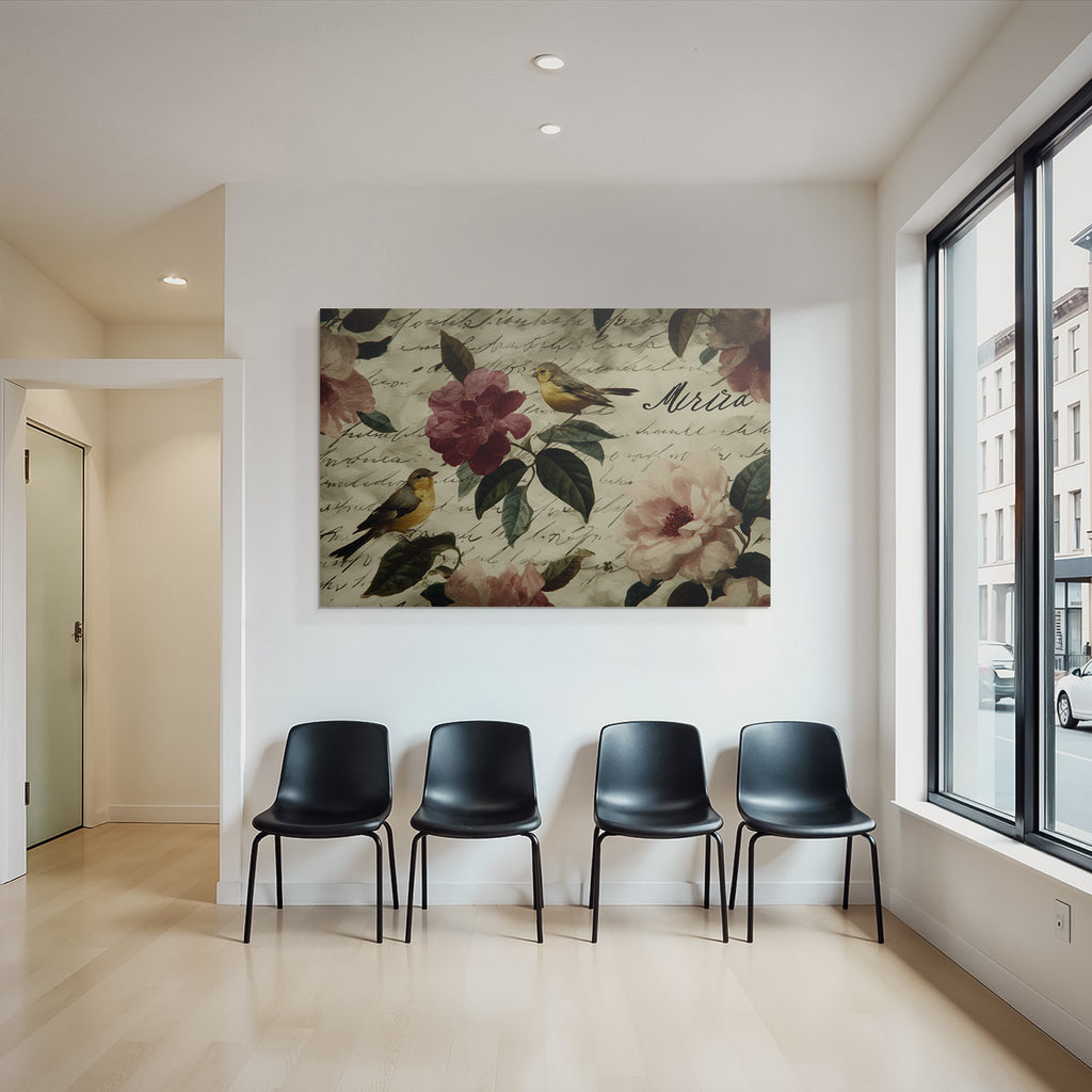 Vintage Und Shabby Blumendesign Mit Voegeln Und Handschriftlichem Text