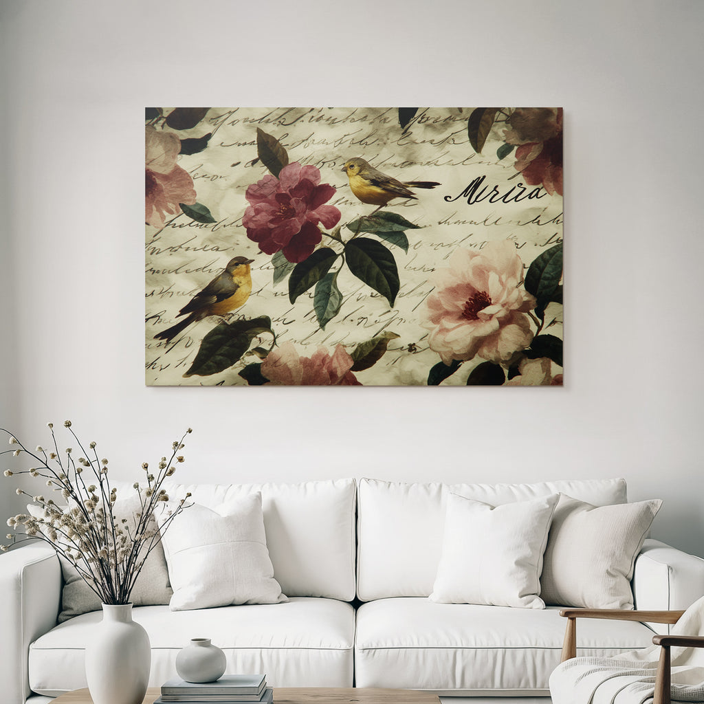 Vintage Und Shabby Blumendesign Mit Voegeln Und Handschriftlichem Text