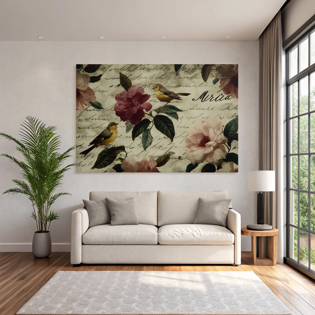 Vintage Und Shabby Blumendesign Mit Voegeln Und Handschriftlichem Text