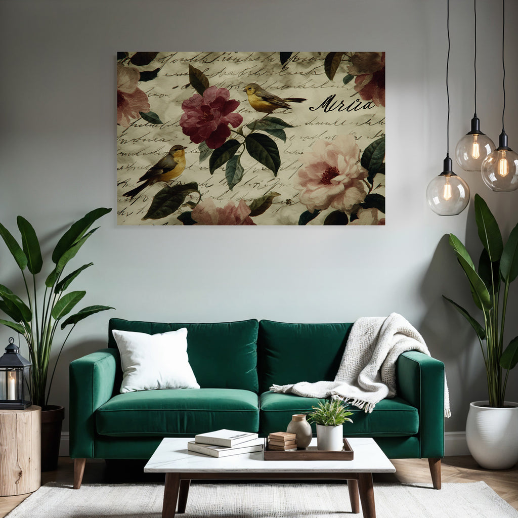 Vintage Und Shabby Blumendesign Mit Voegeln Und Handschriftlichem Text