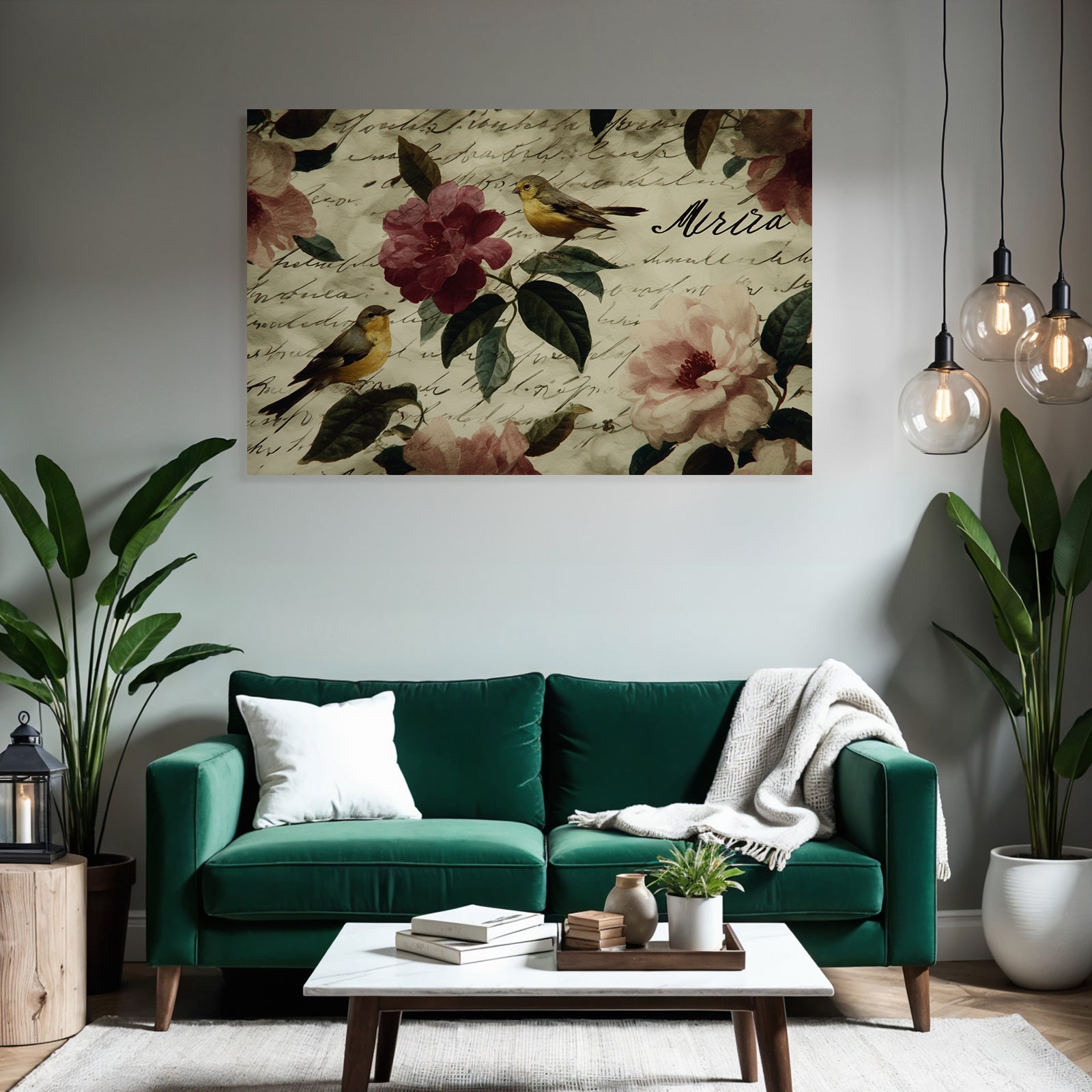 Vintage and shabby floral design with birds and handwritten text