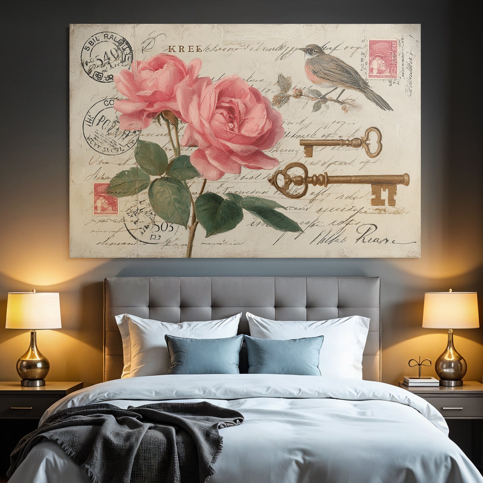 Vintage and Shabby Artistic Roses Key Bird Stamps Vintage