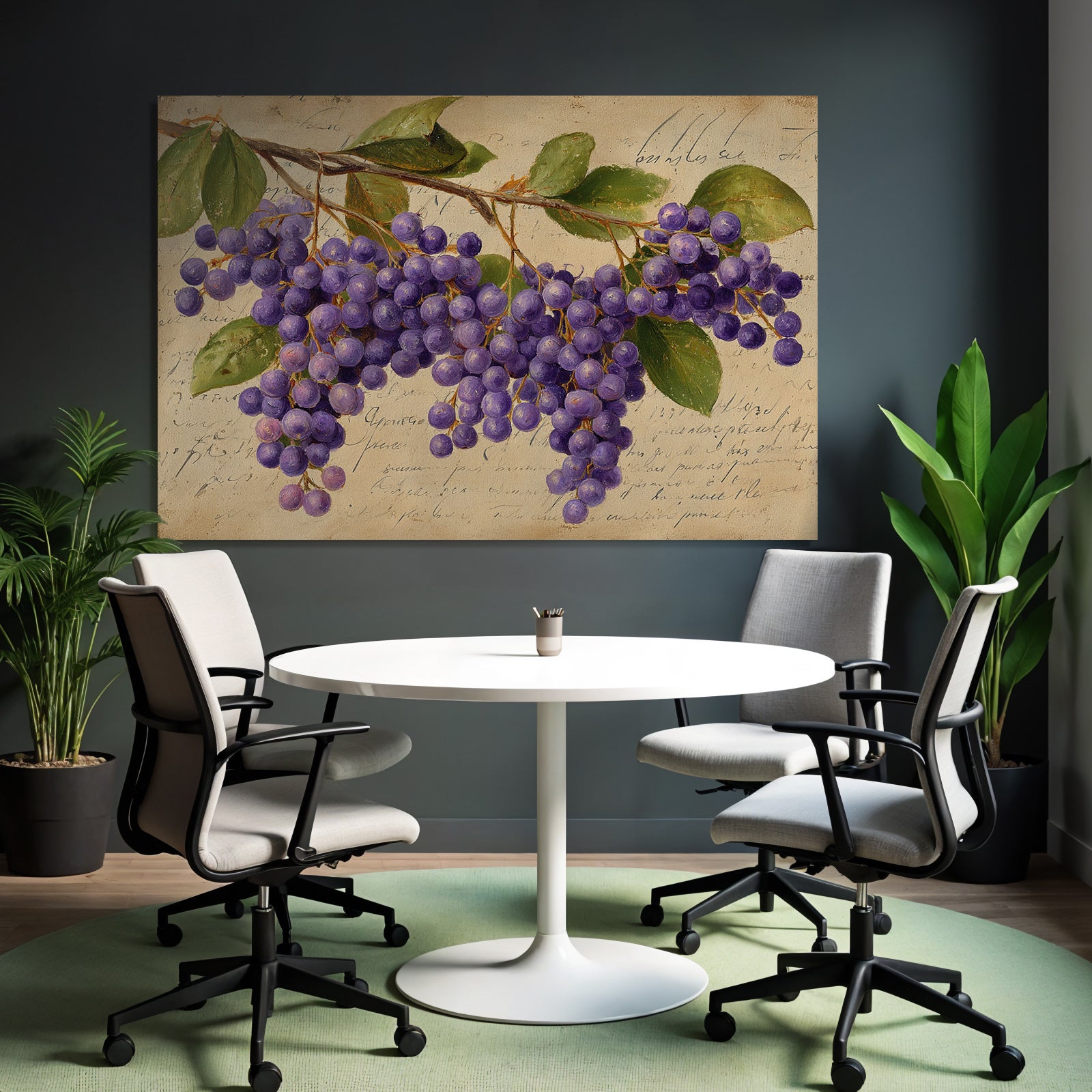 Vintage and shabby purple grapes with green leaves on a light background