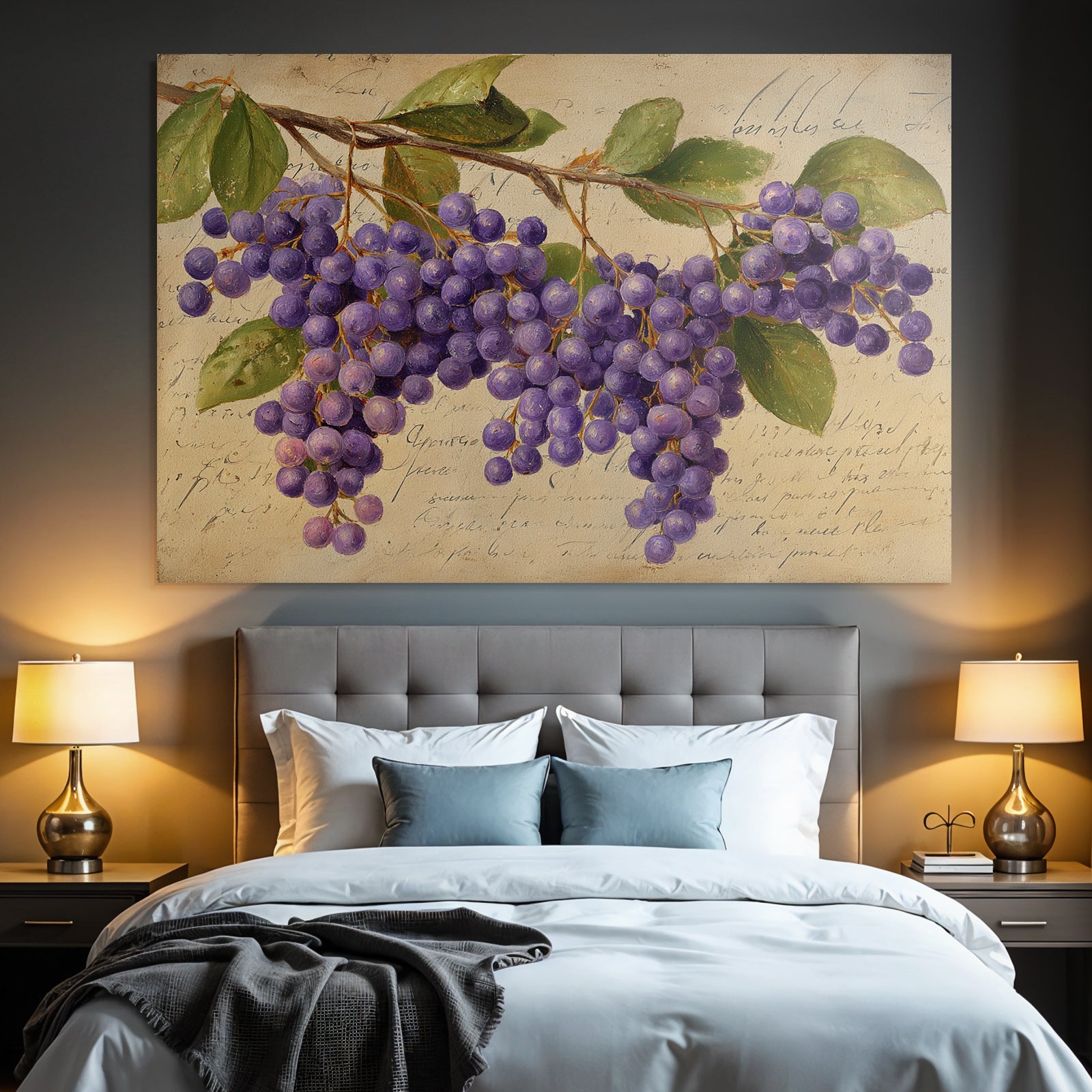 Vintage and shabby purple grapes with green leaves on a light background