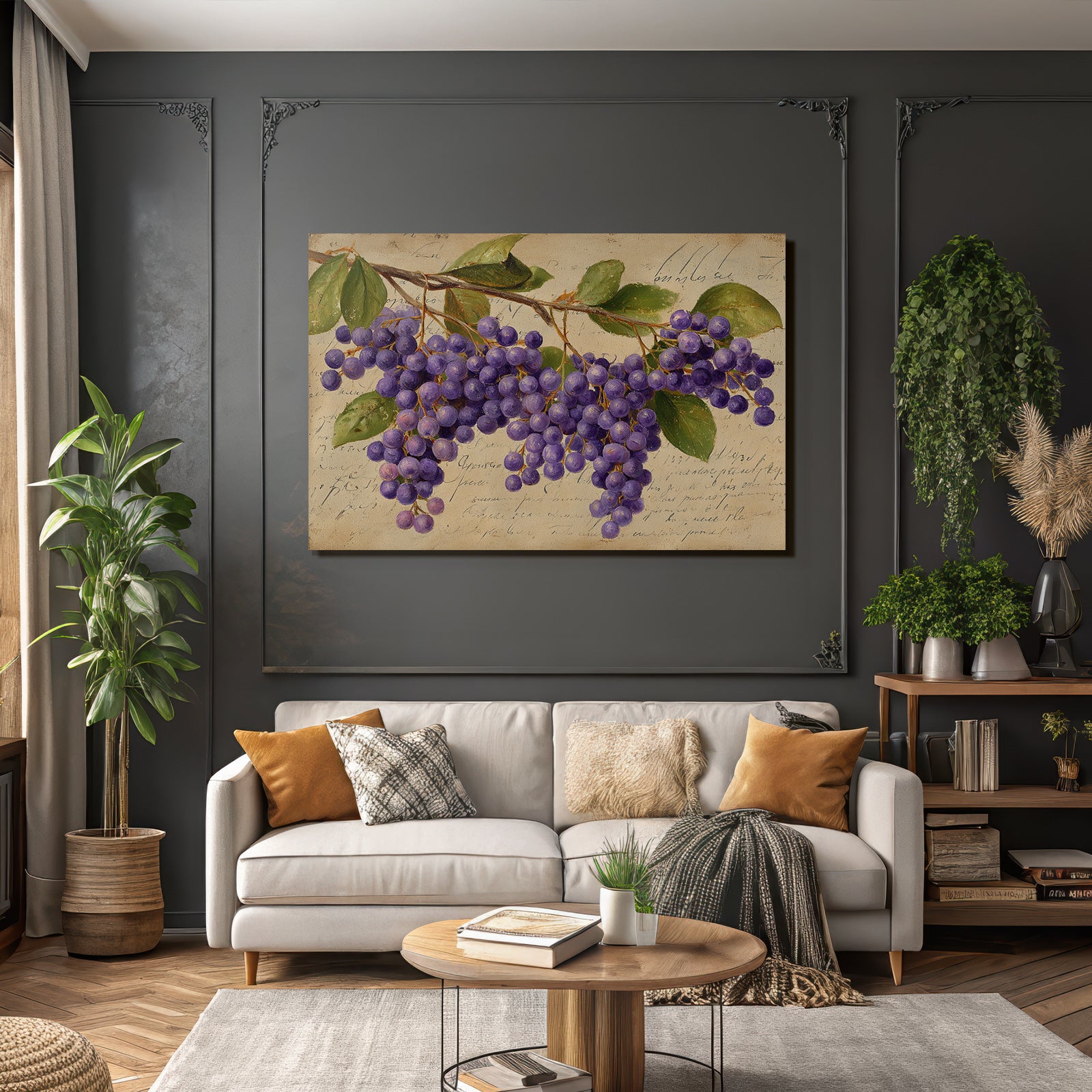 Vintage and shabby purple grapes with green leaves on a light background