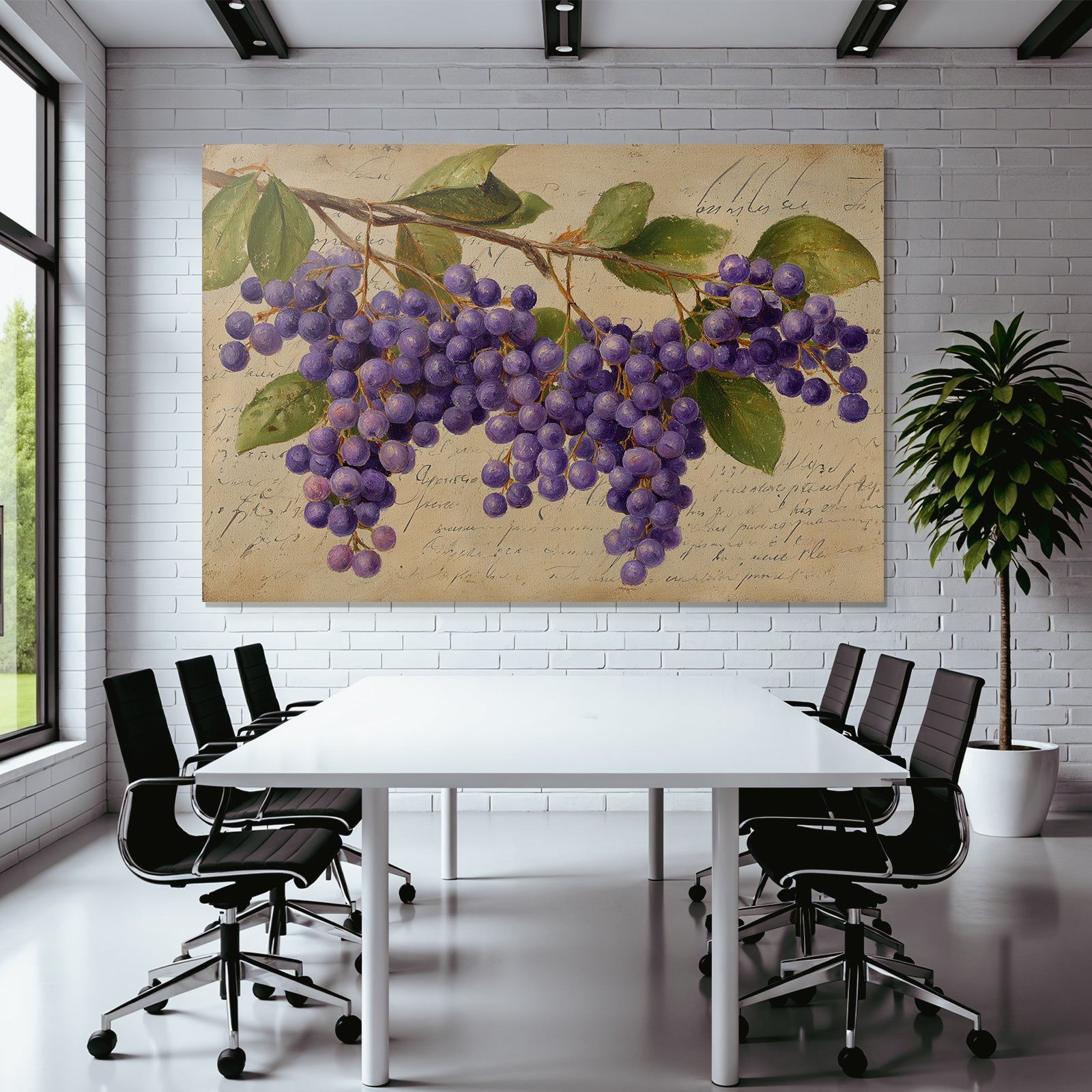 Vintage and shabby purple grapes with green leaves on a light background