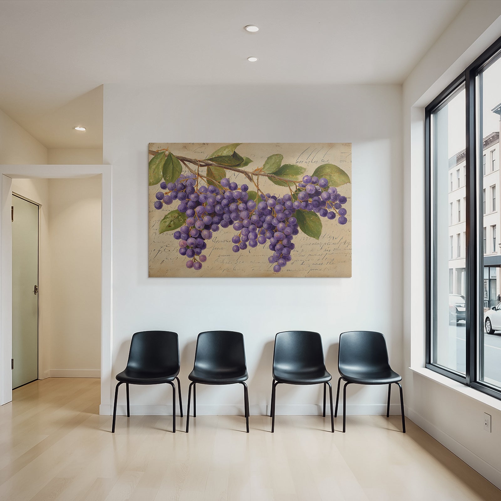 Vintage and shabby purple grapes with green leaves on a light background