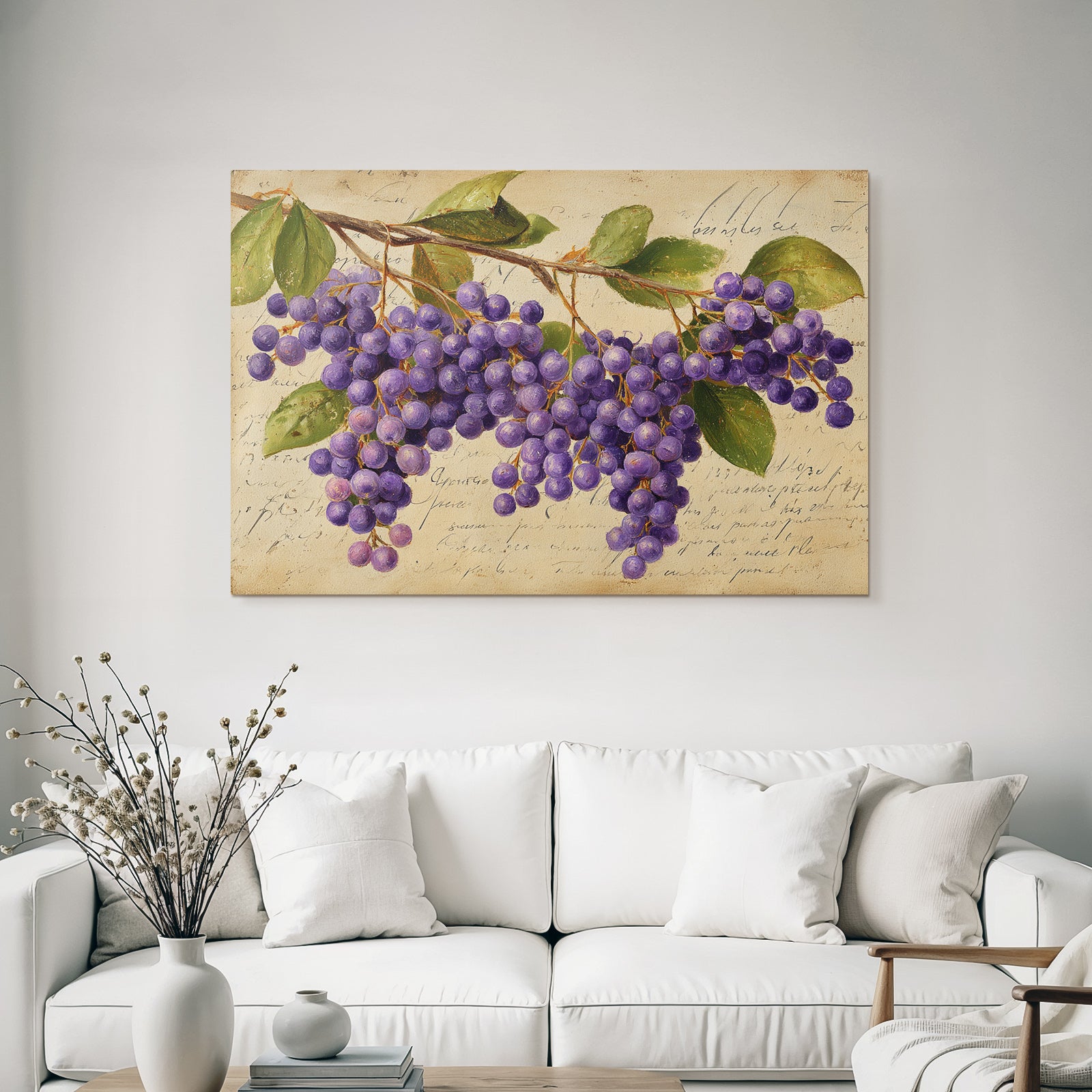 Vintage and shabby purple grapes with green leaves on a light background