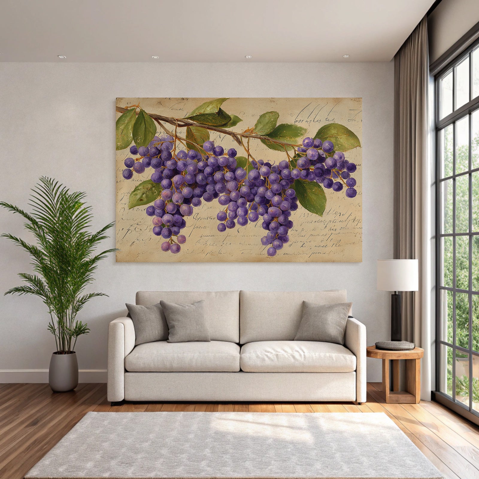 Vintage and shabby purple grapes with green leaves on a light background
