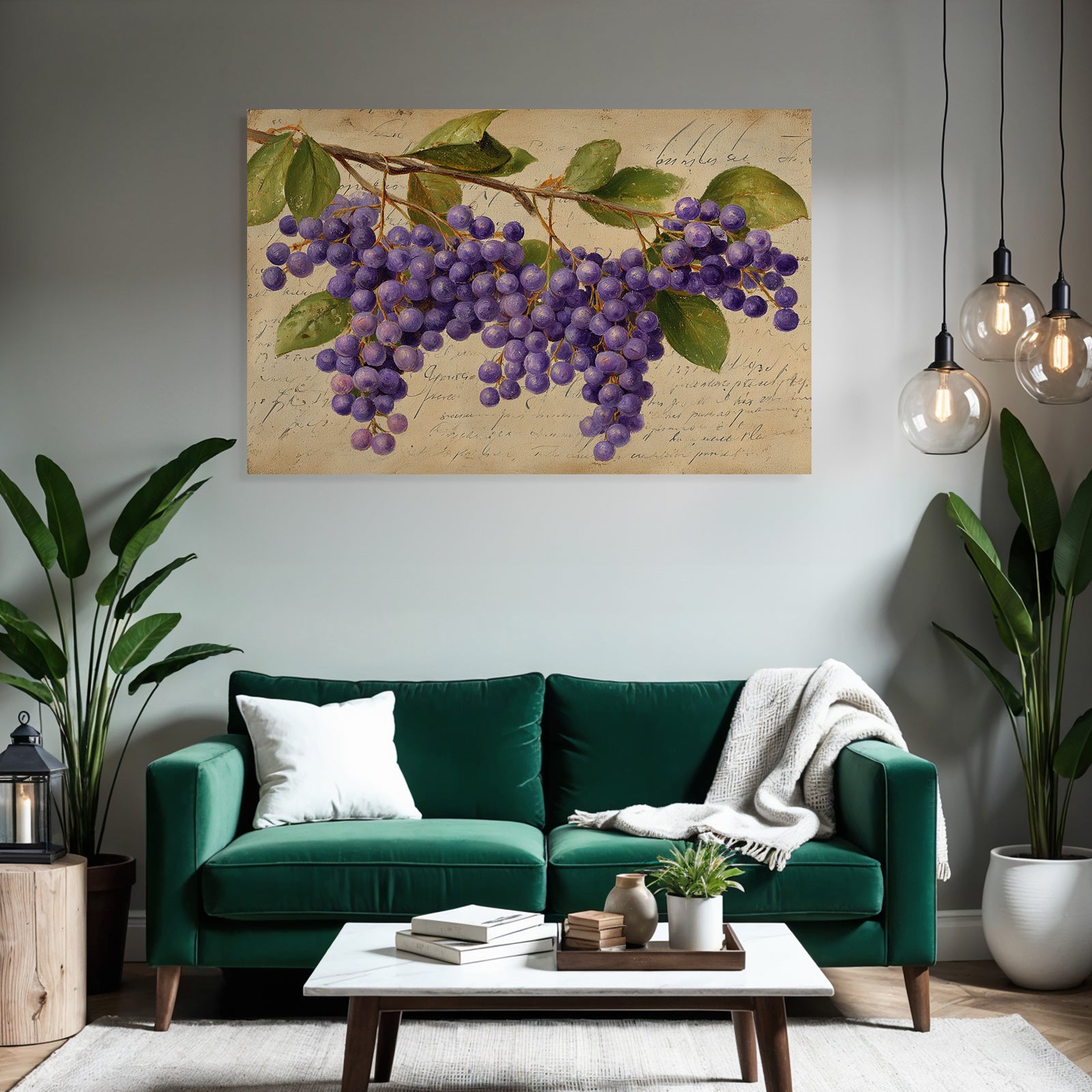 Vintage and shabby purple grapes with green leaves on a light background