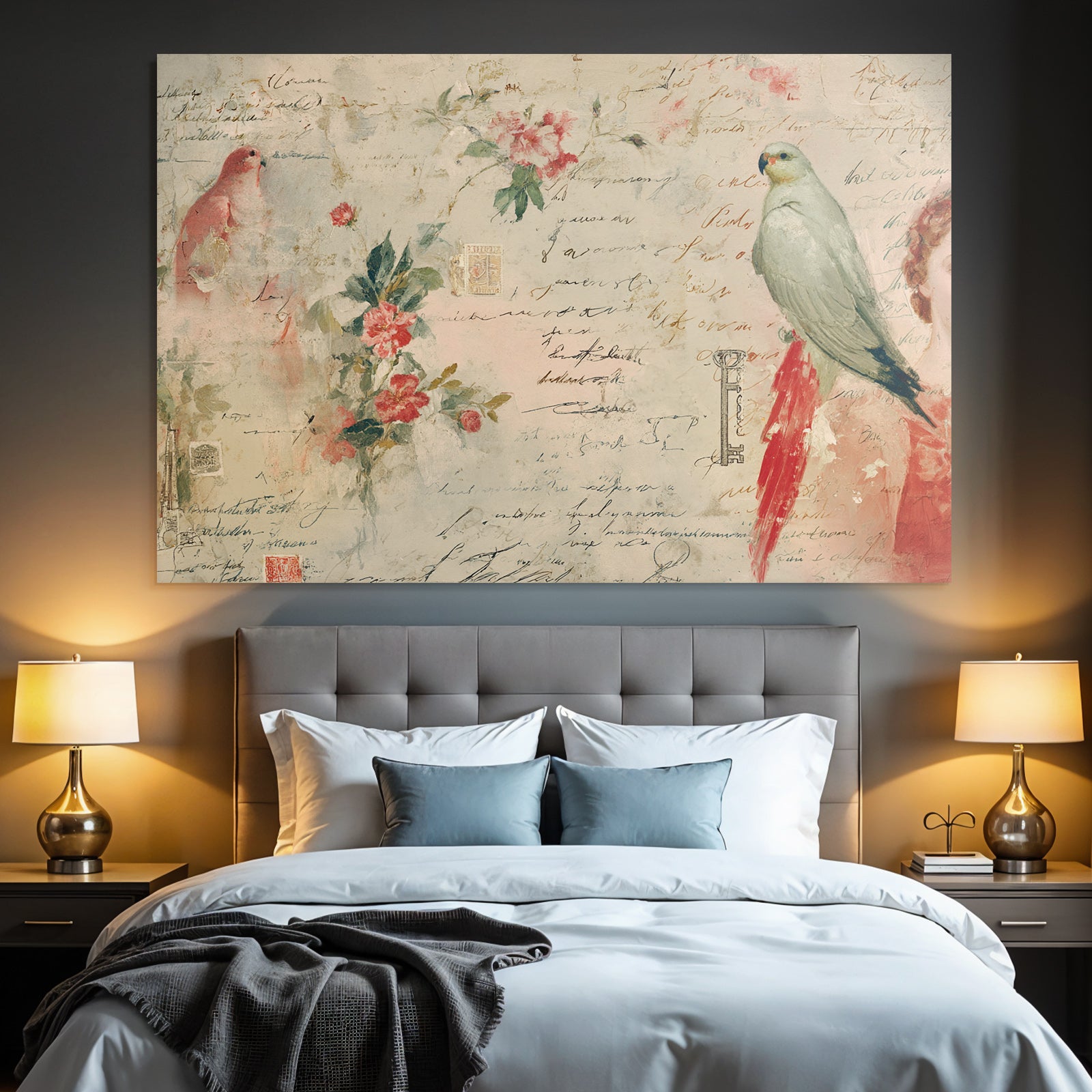 Vintage and shabby pastel colored flowers birds handwritten txt