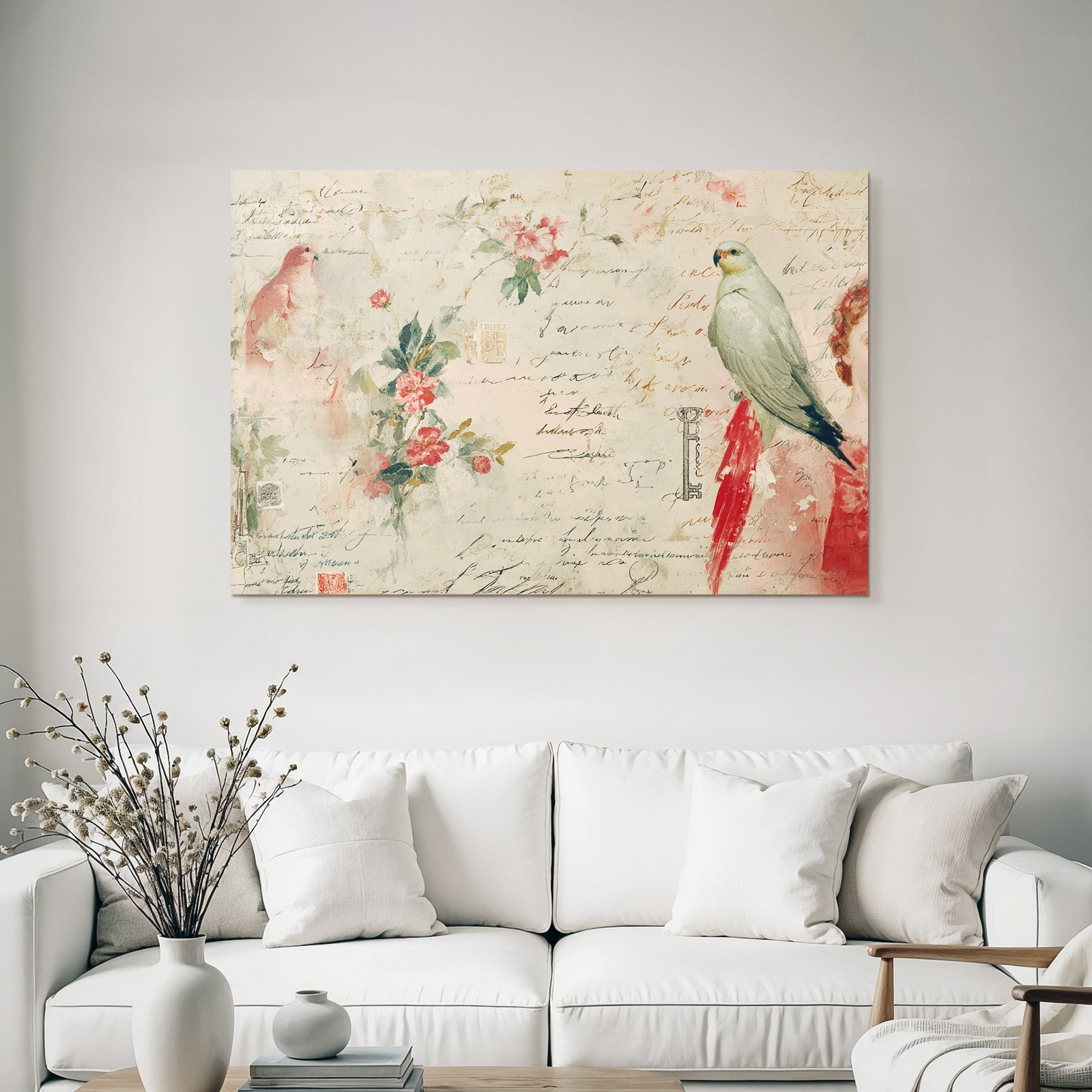 Vintage and shabby pastel colored flowers birds handwritten txt