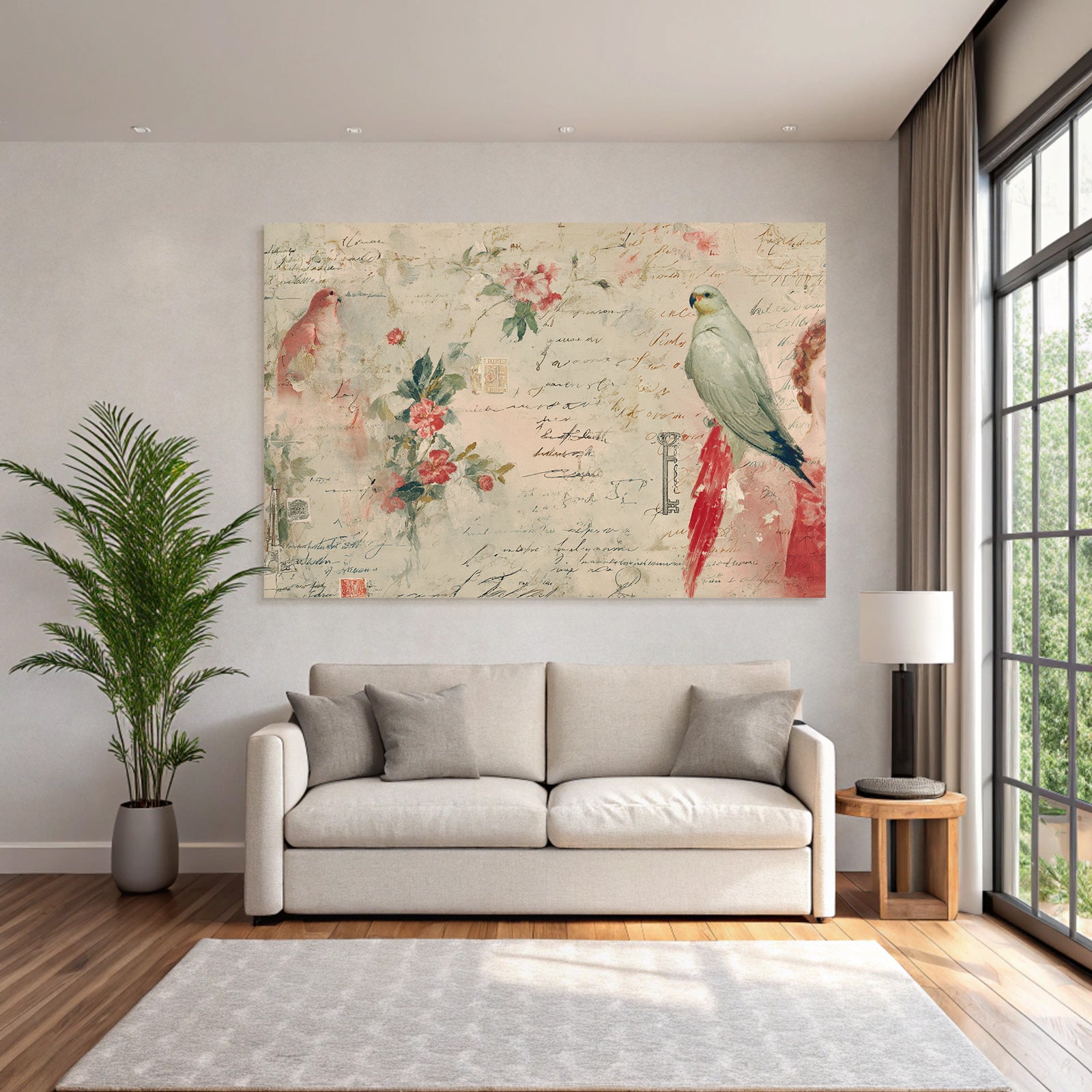 Vintage and shabby pastel colored flowers birds handwritten txt