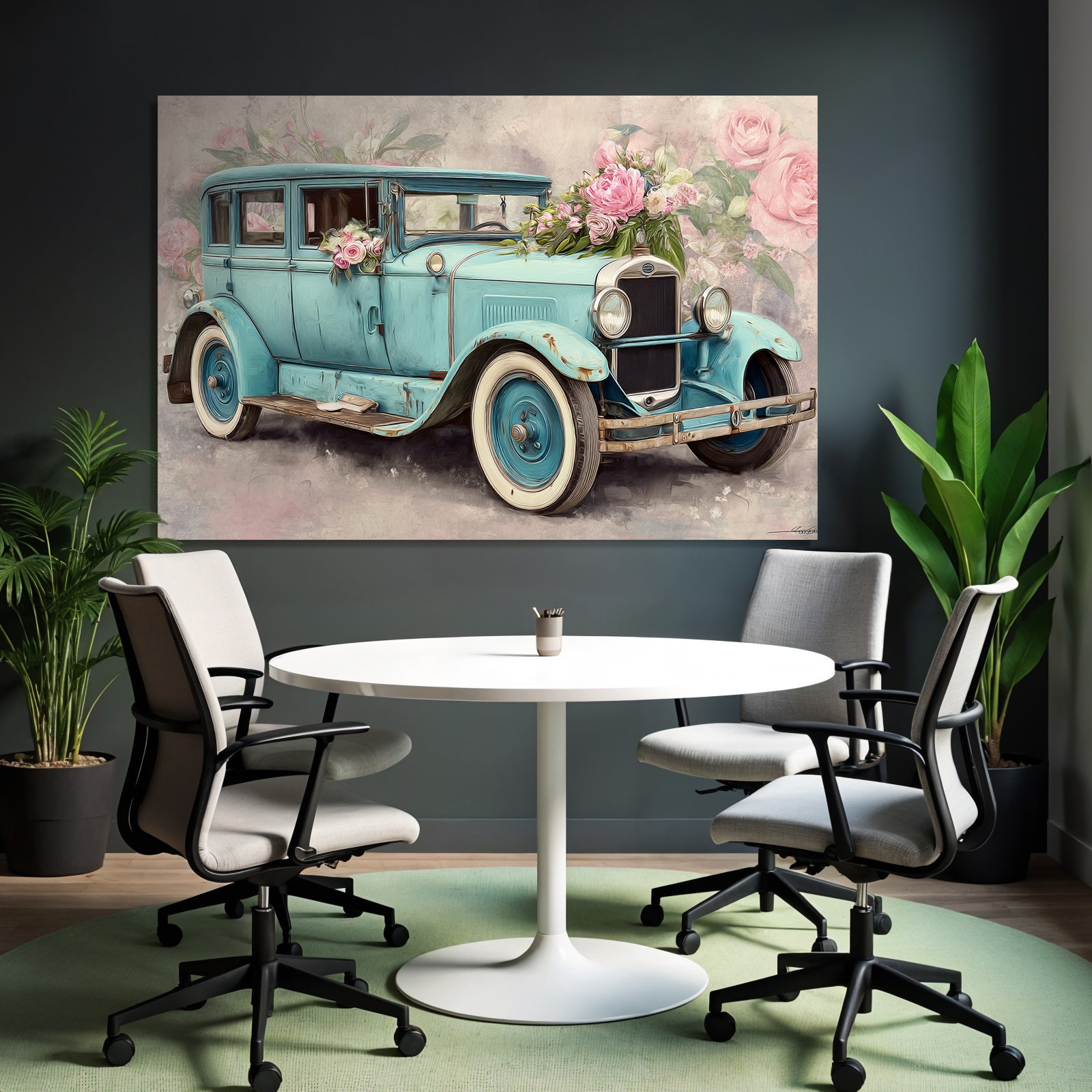 Vintage and shabby vintage car with flowers floral background