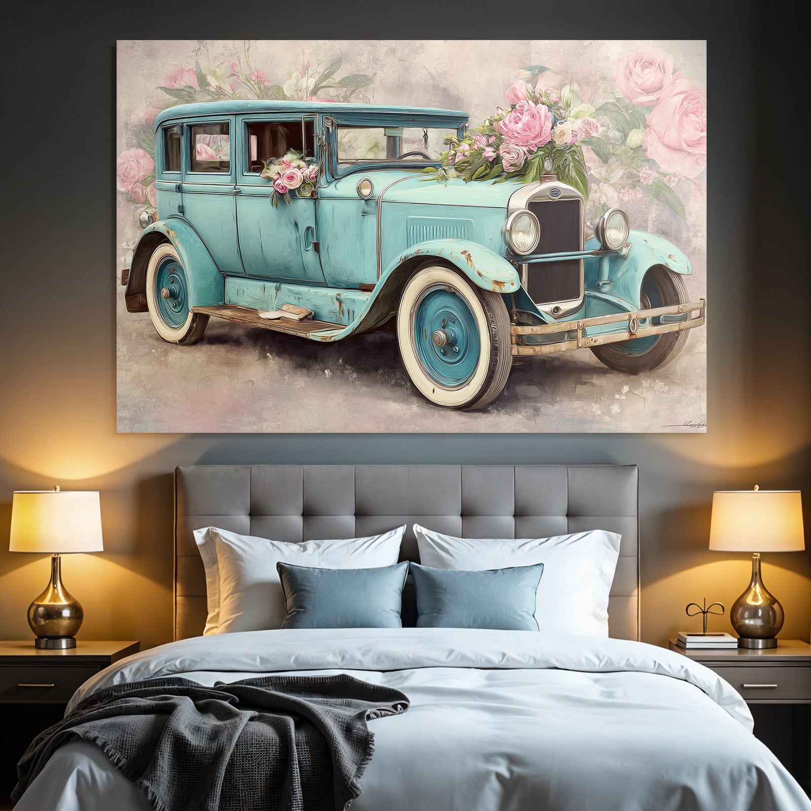 Vintage and shabby vintage car with flowers floral background