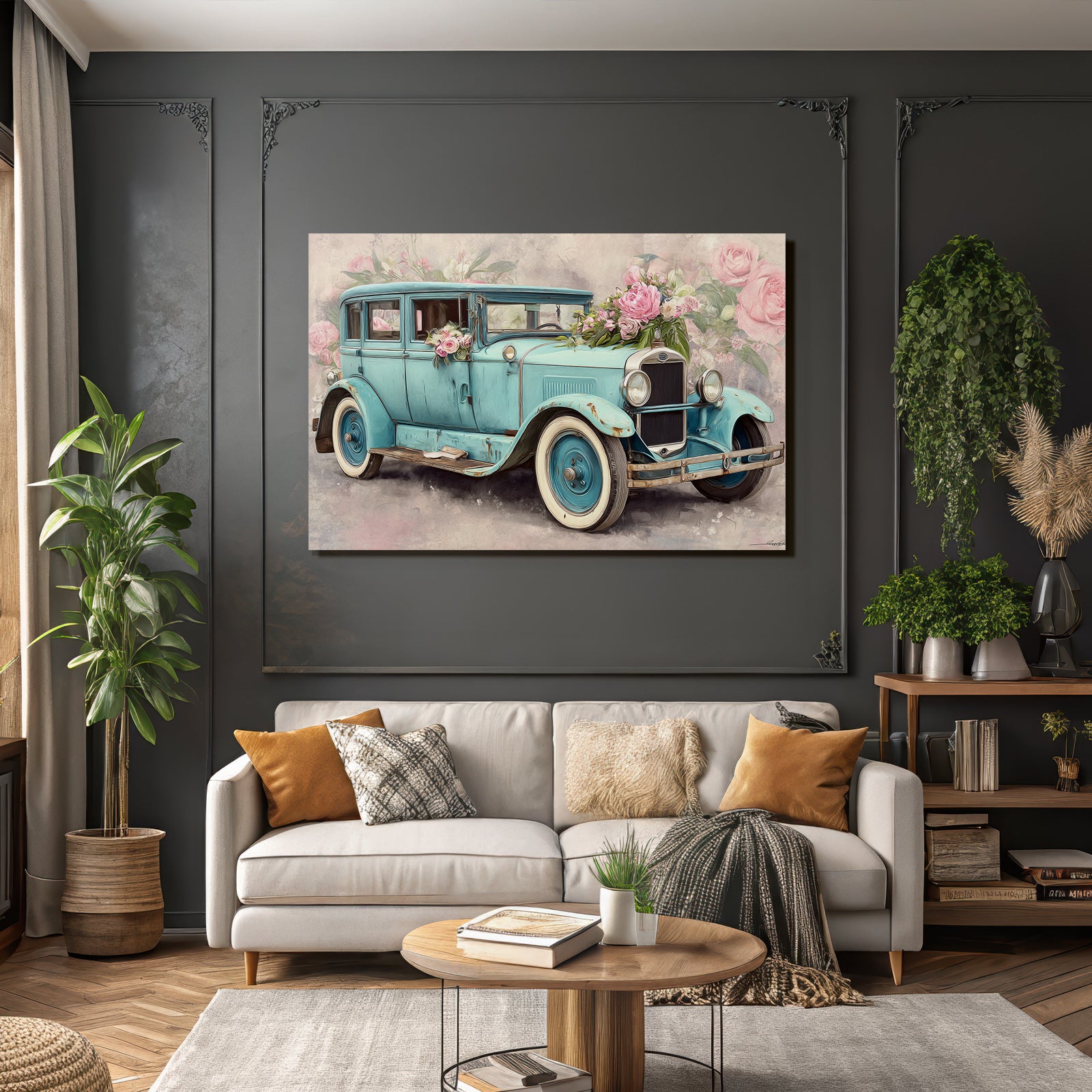 Vintage and shabby vintage car with flowers floral background