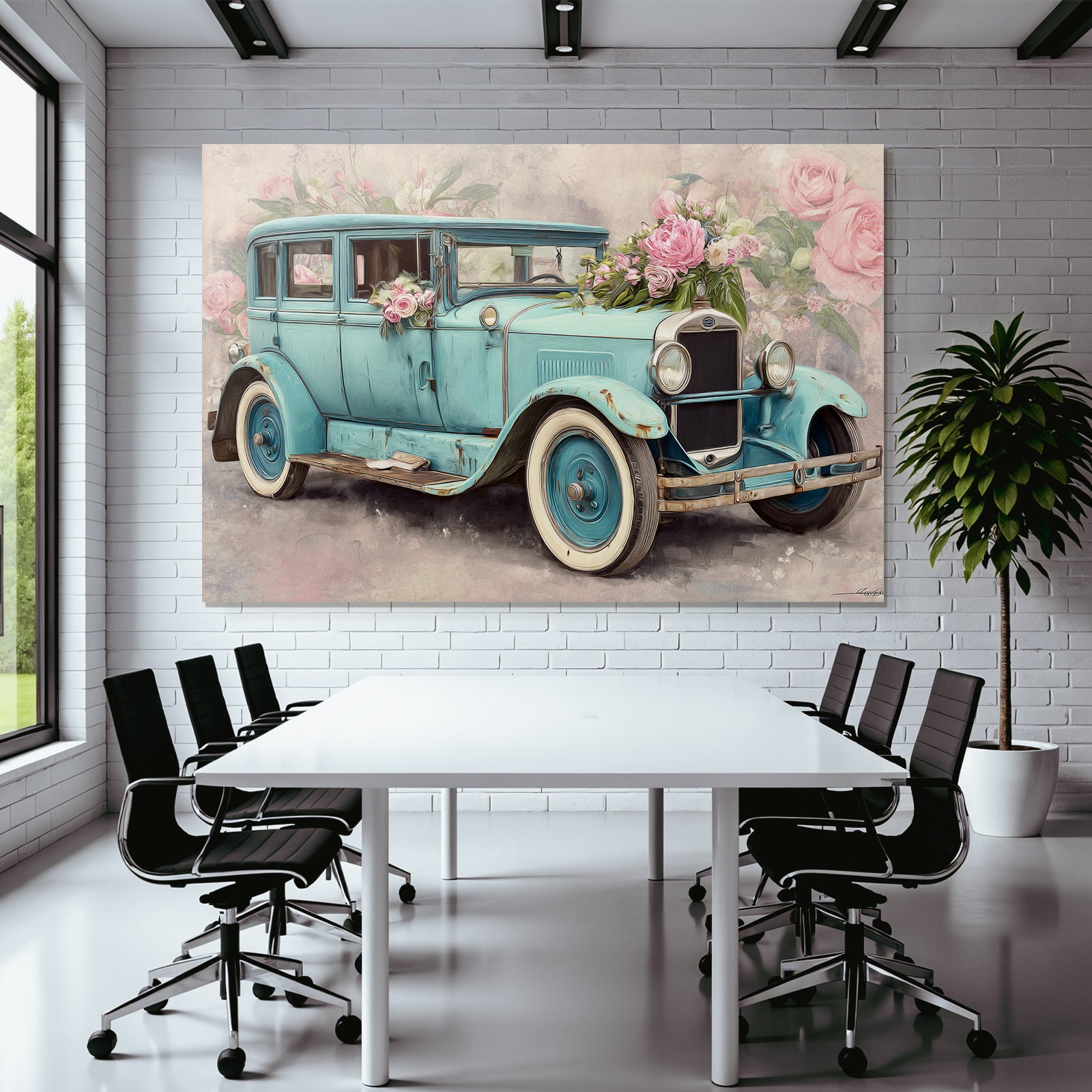 Vintage and shabby vintage car with flowers floral background