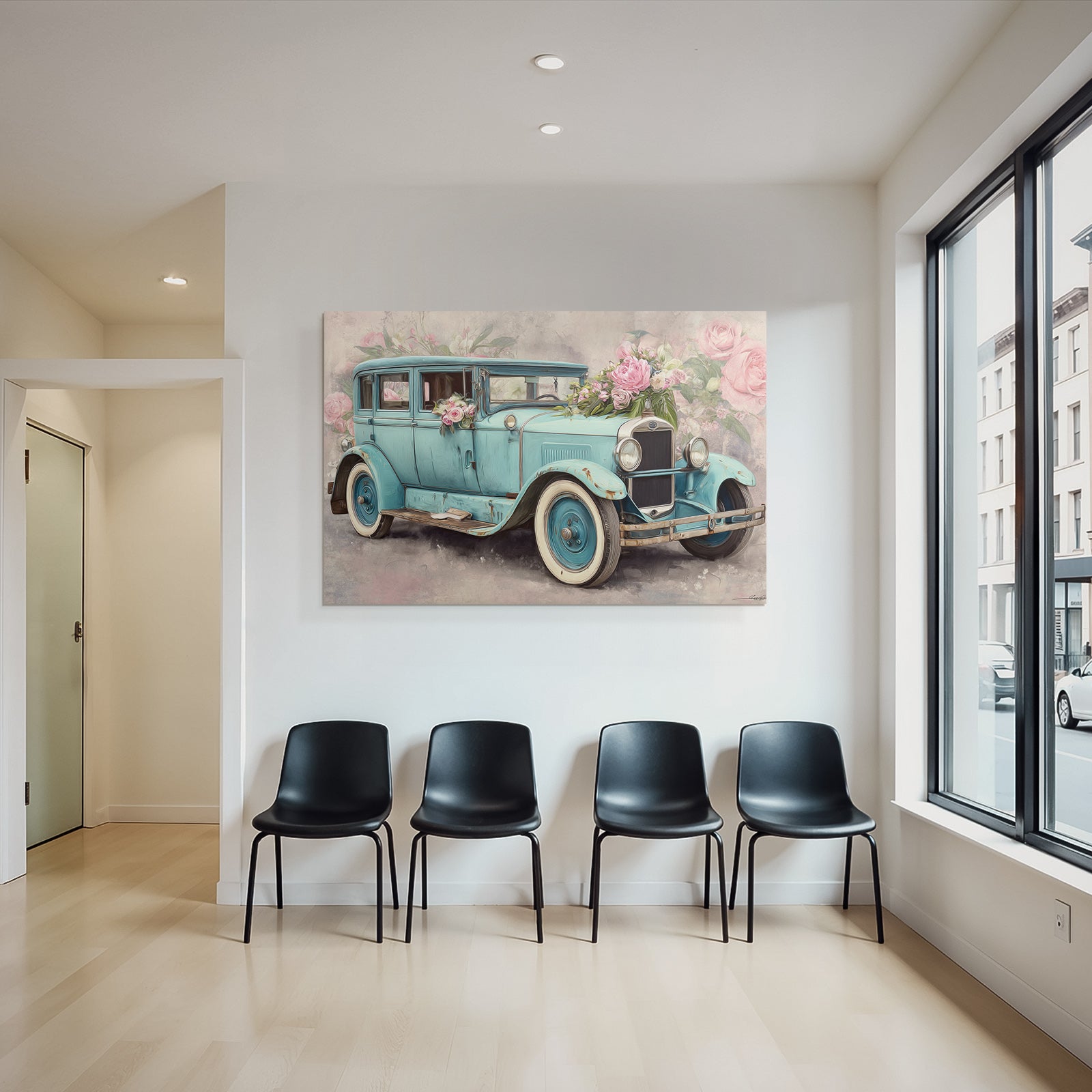 Vintage and shabby vintage car with flowers floral background