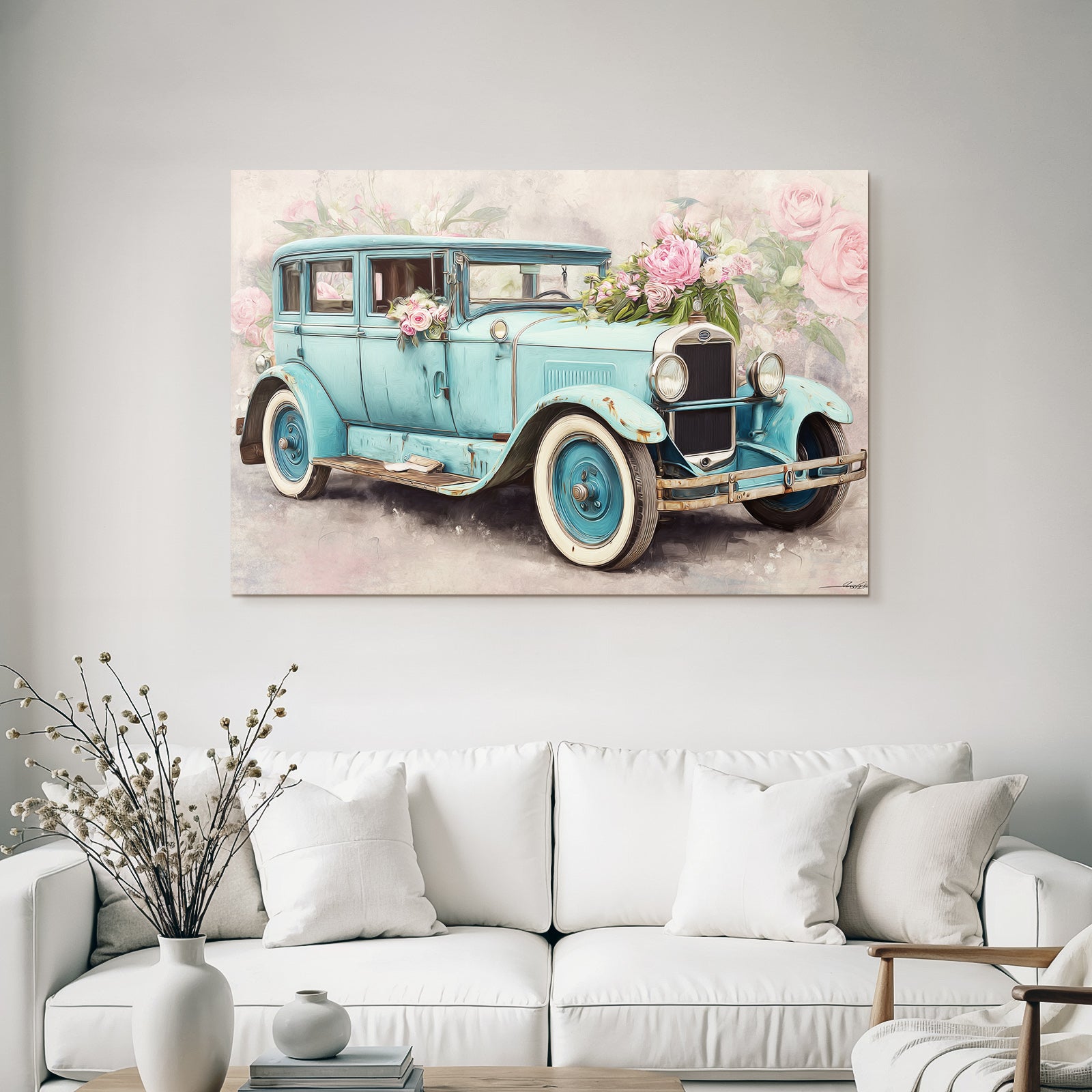 Vintage and shabby vintage car with flowers floral background