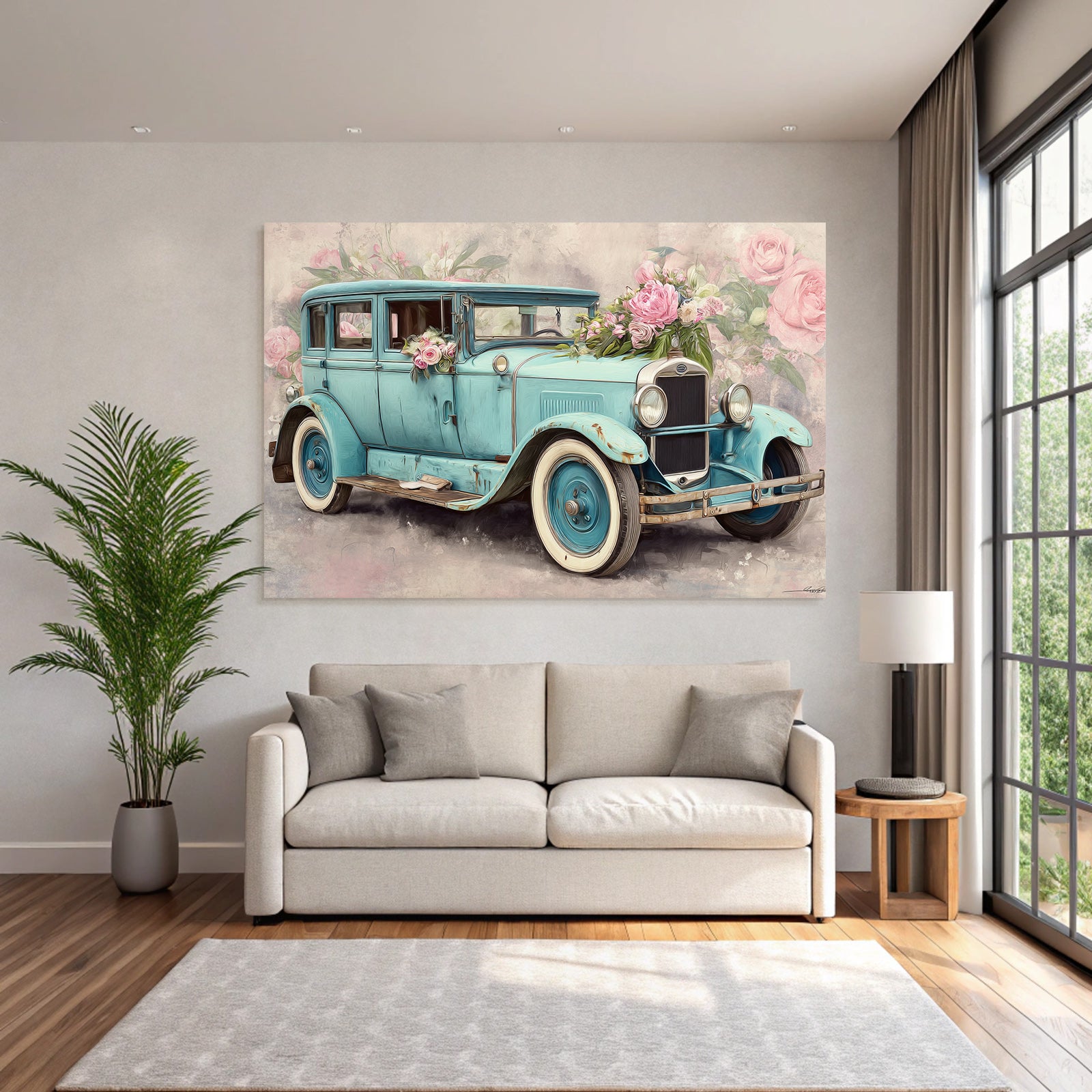 Vintage and shabby vintage car with flowers floral background