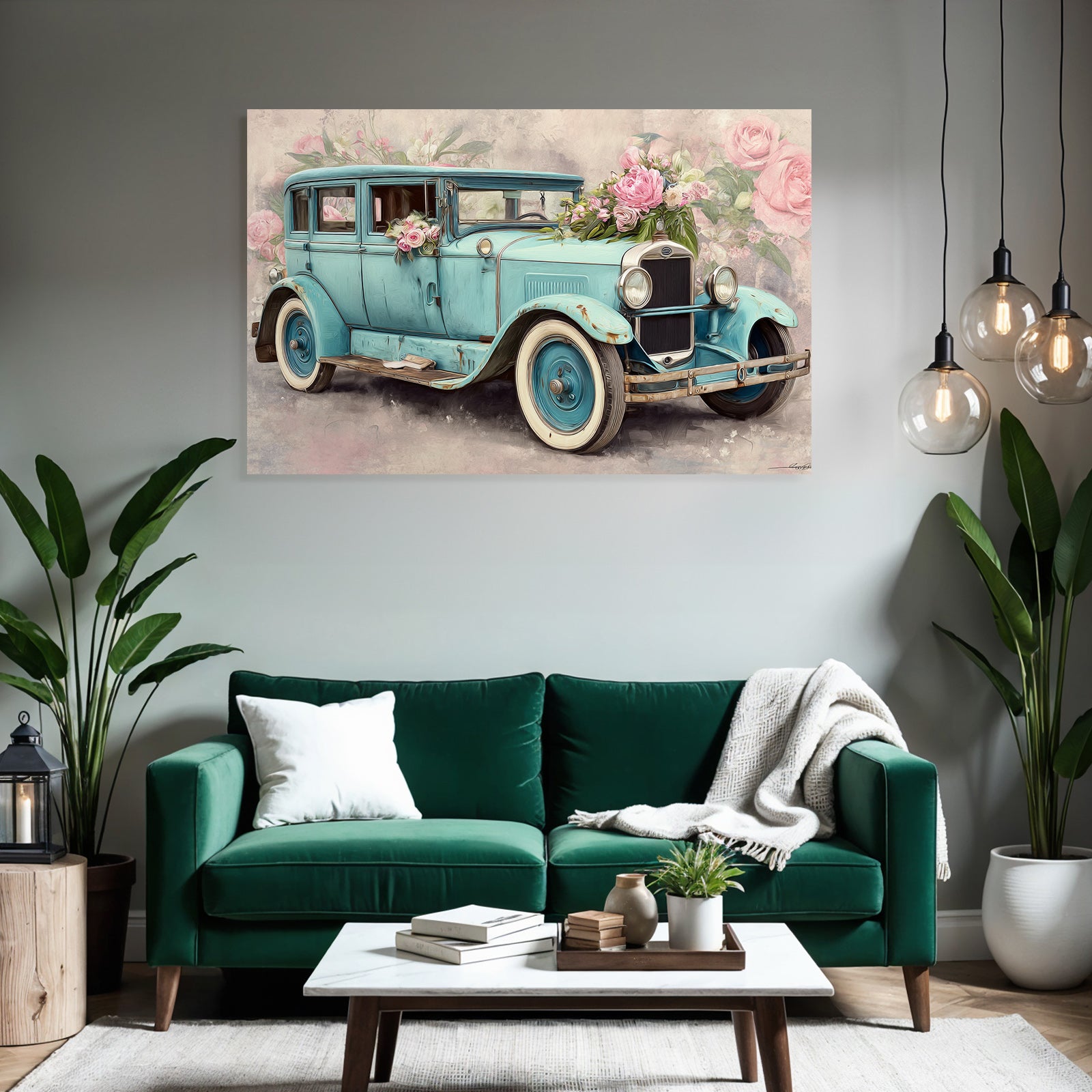 Vintage and shabby vintage car with flowers floral background