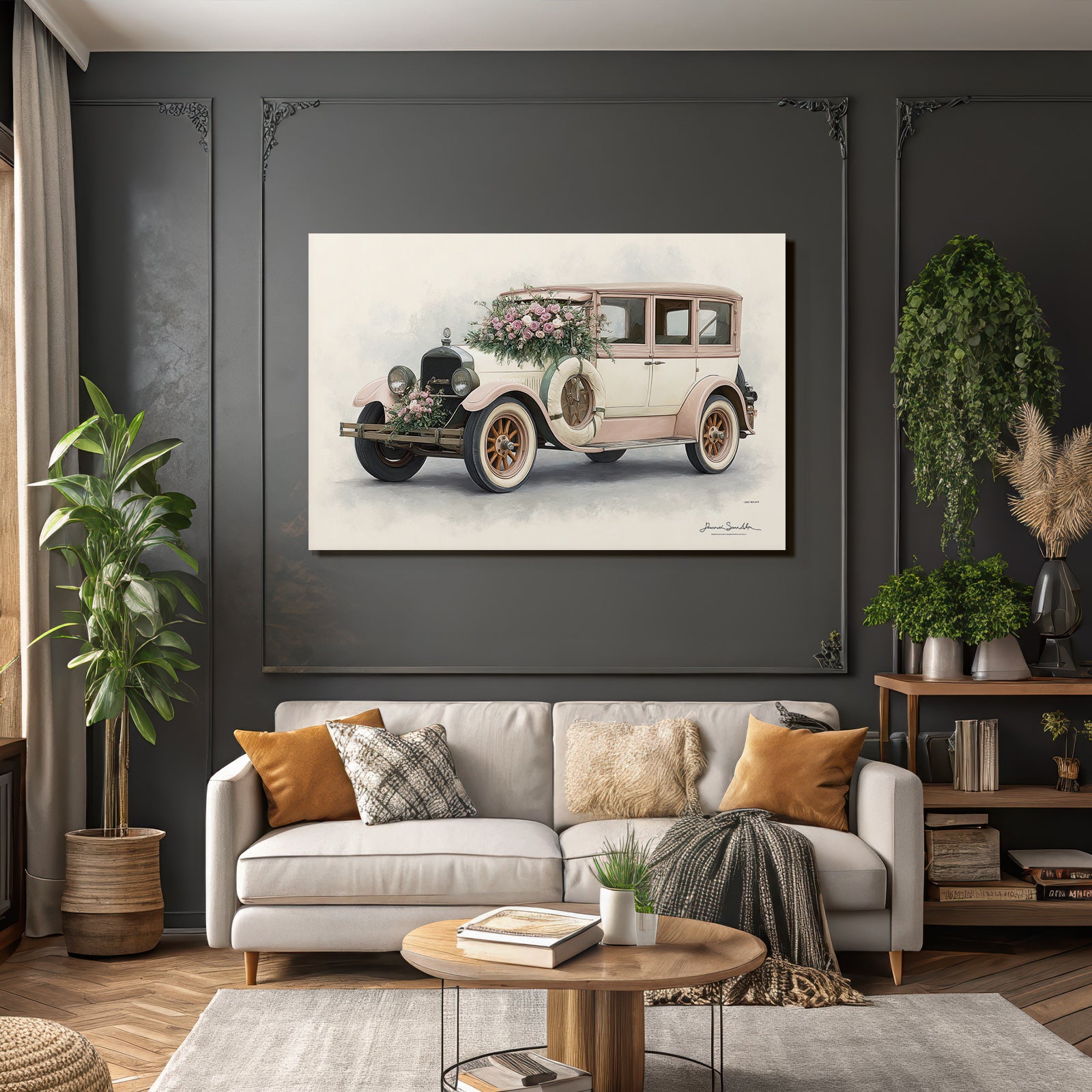 Vintage and shabby vintage car with flowers wedding style