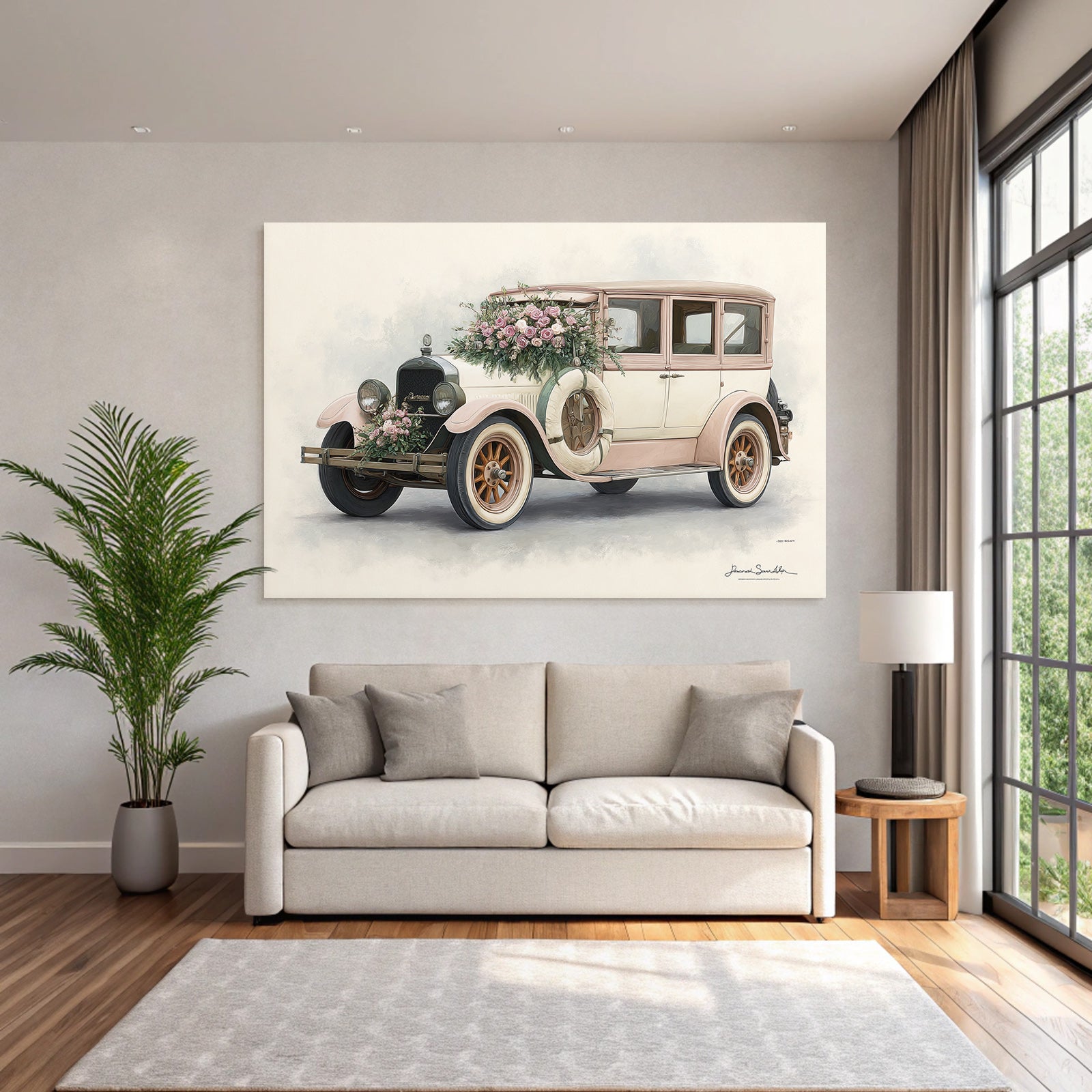 Vintage and shabby vintage car with flowers wedding style