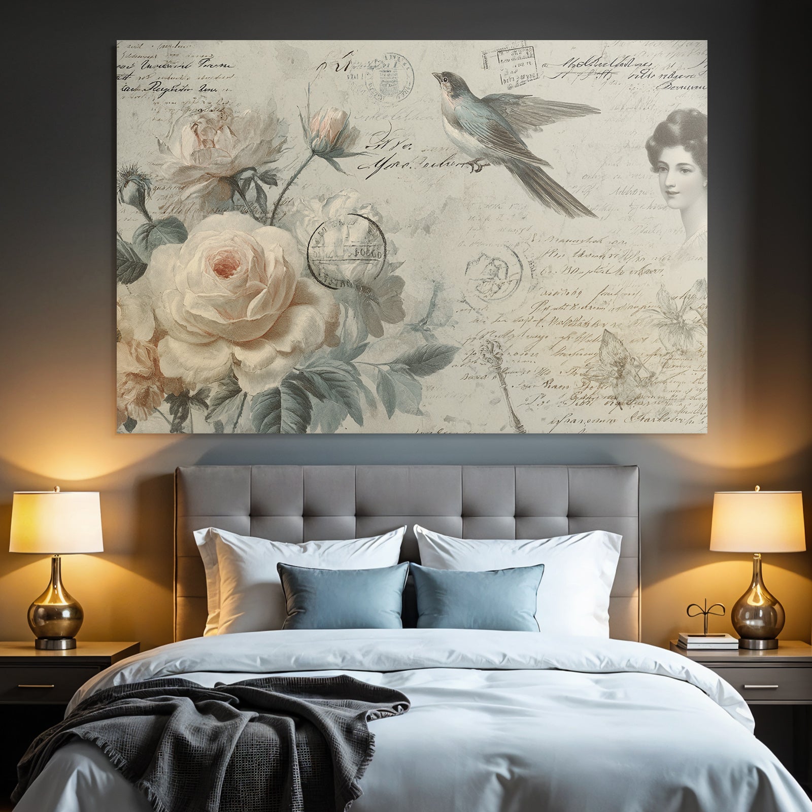 Vintage and shabby vintage floral design with bird and handwritten notes