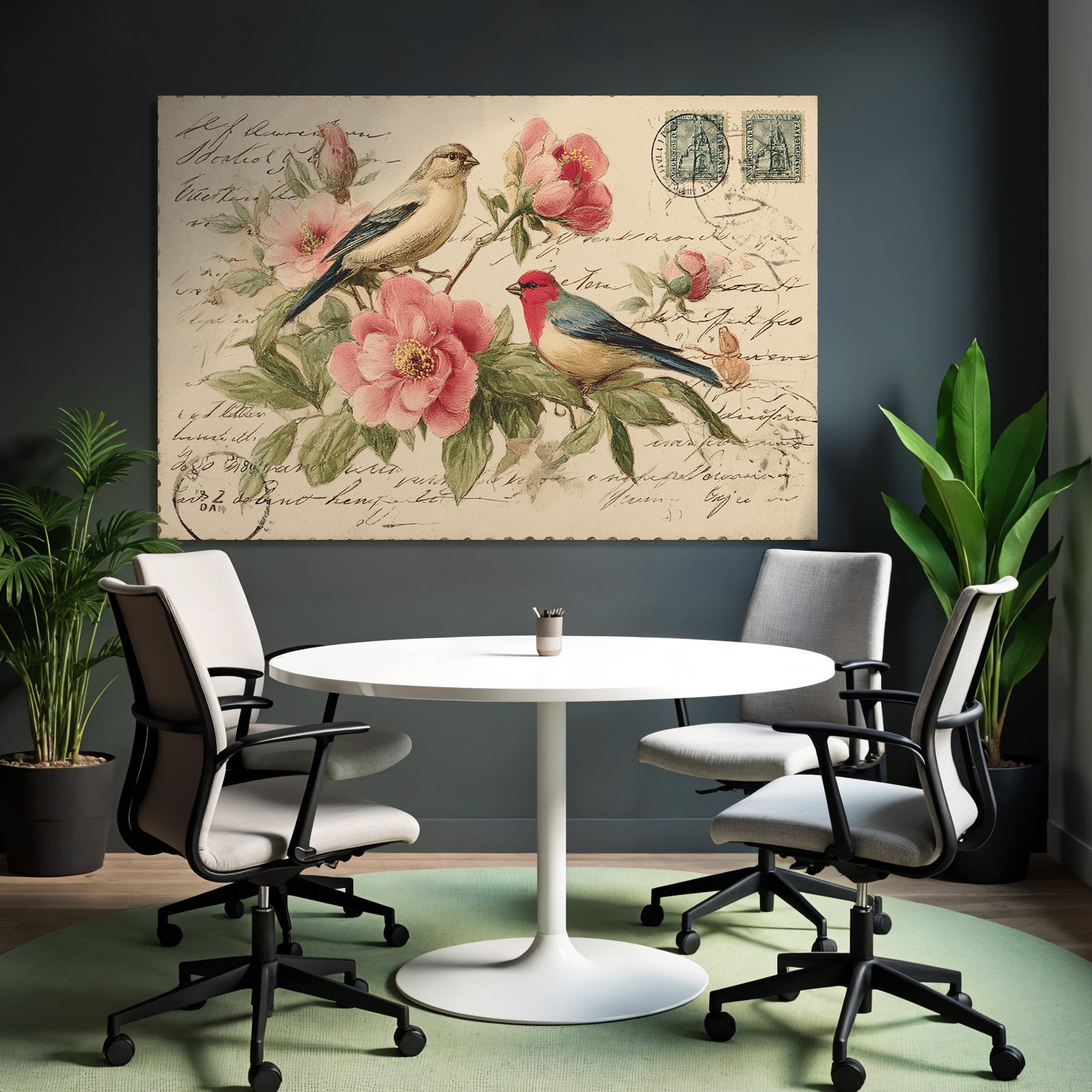 Vintage and shabby vintage postcard with birds and flowers