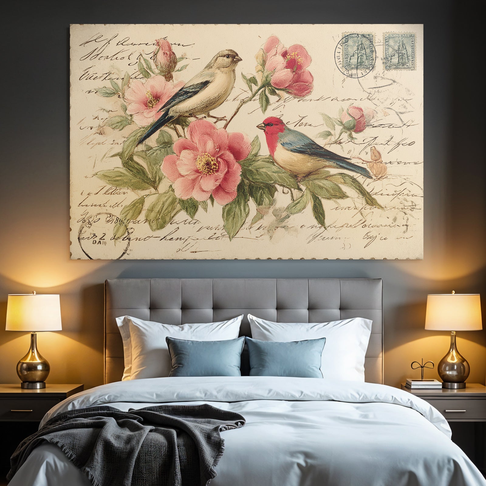 Vintage and shabby vintage postcard with birds and flowers