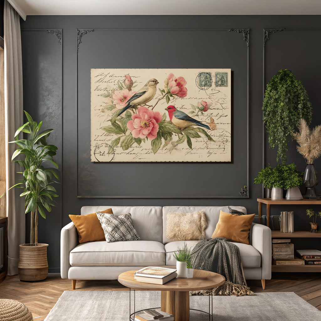 Vintage Und Shabby Vintage Postkarte Mit Voegeln Und Blumen