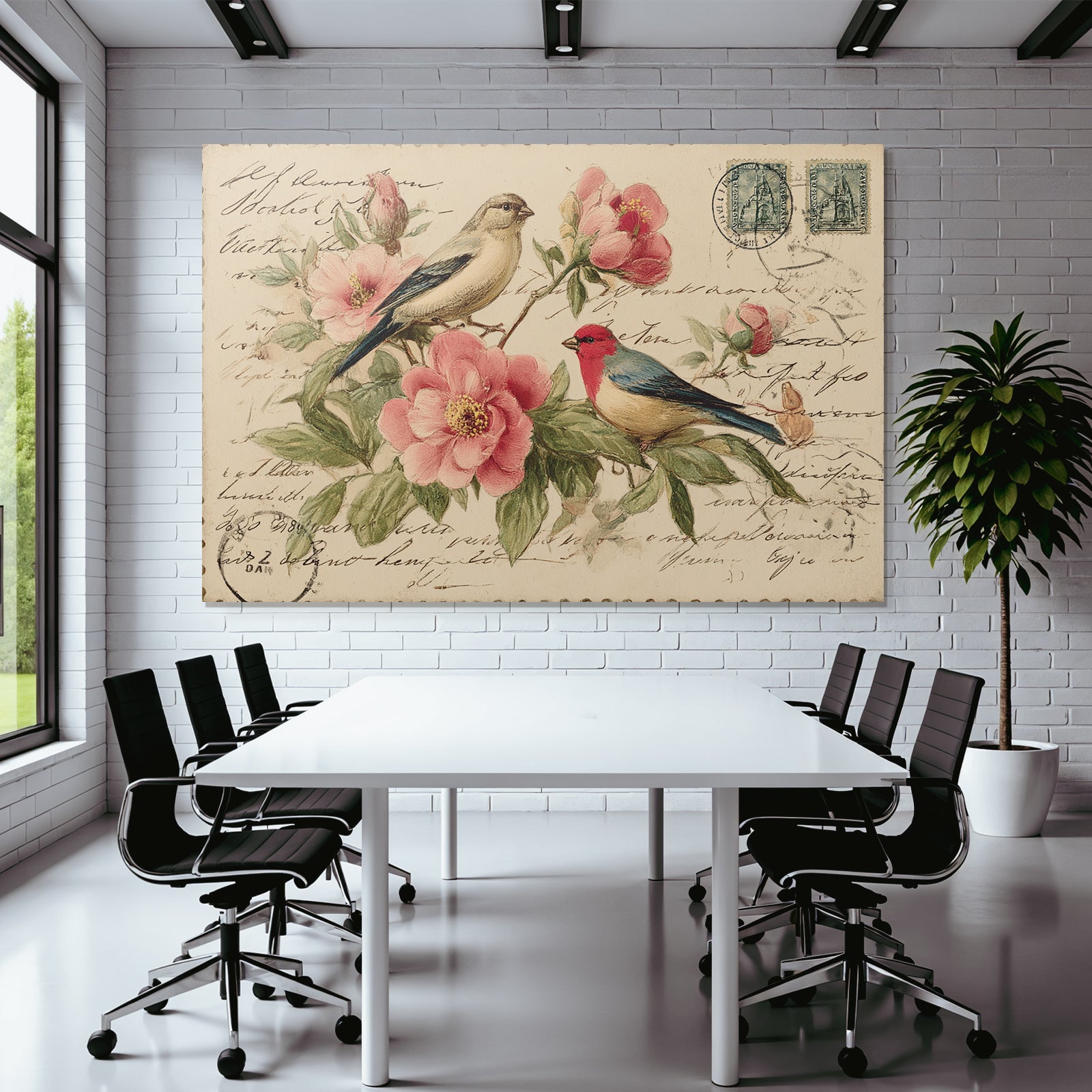 Vintage and shabby vintage postcard with birds and flowers