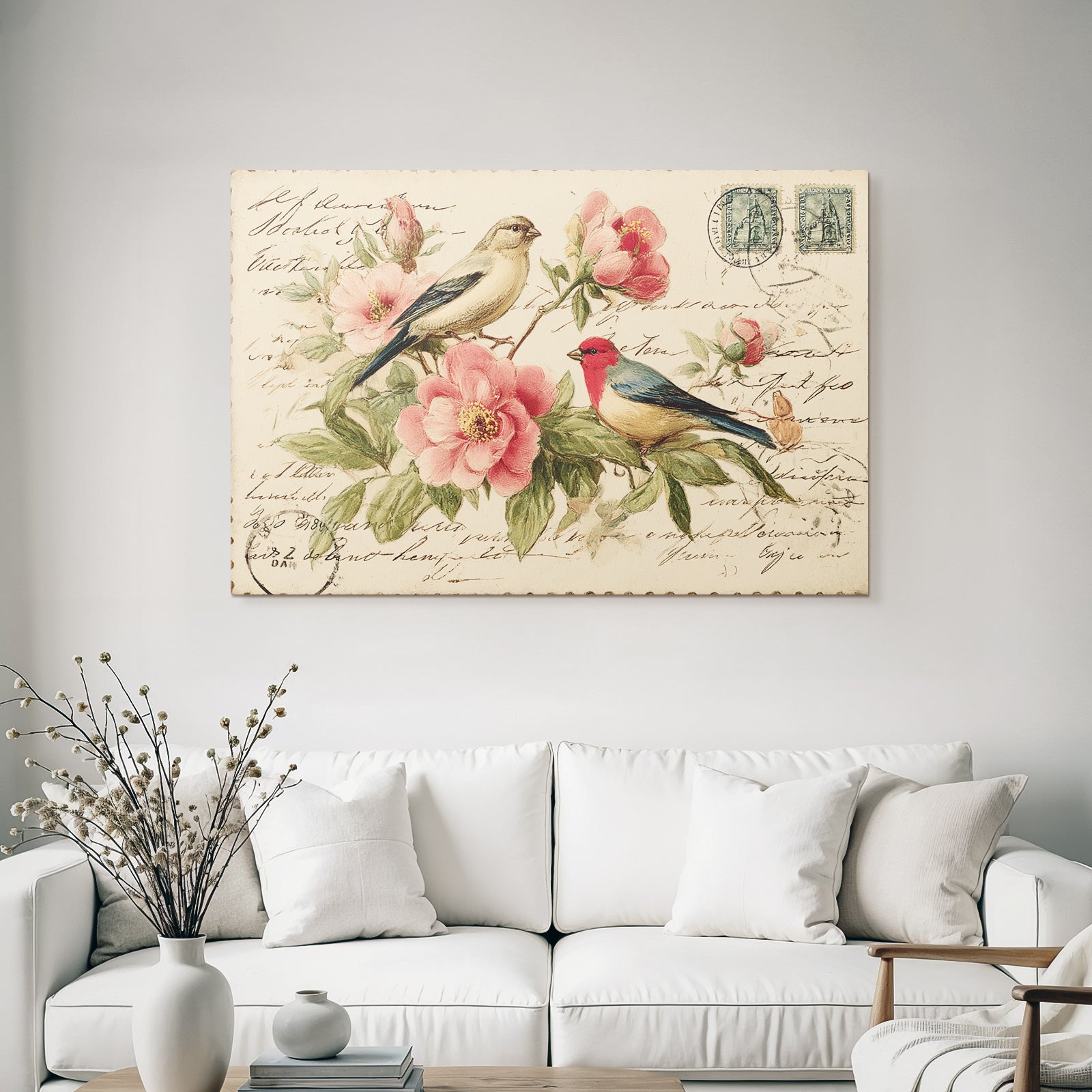Vintage and shabby vintage postcard with birds and flowers