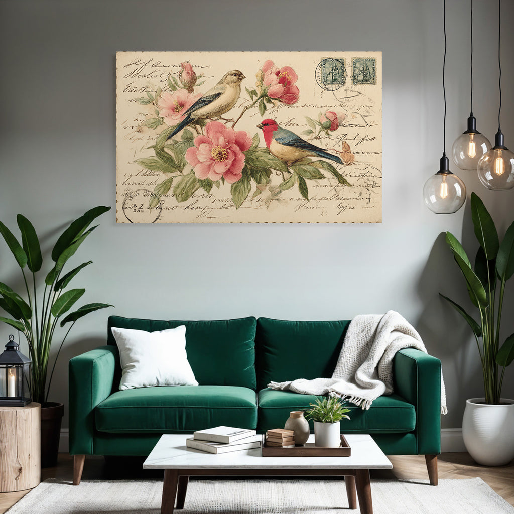 Vintage Und Shabby Vintage Postkarte Mit Voegeln Und Blumen