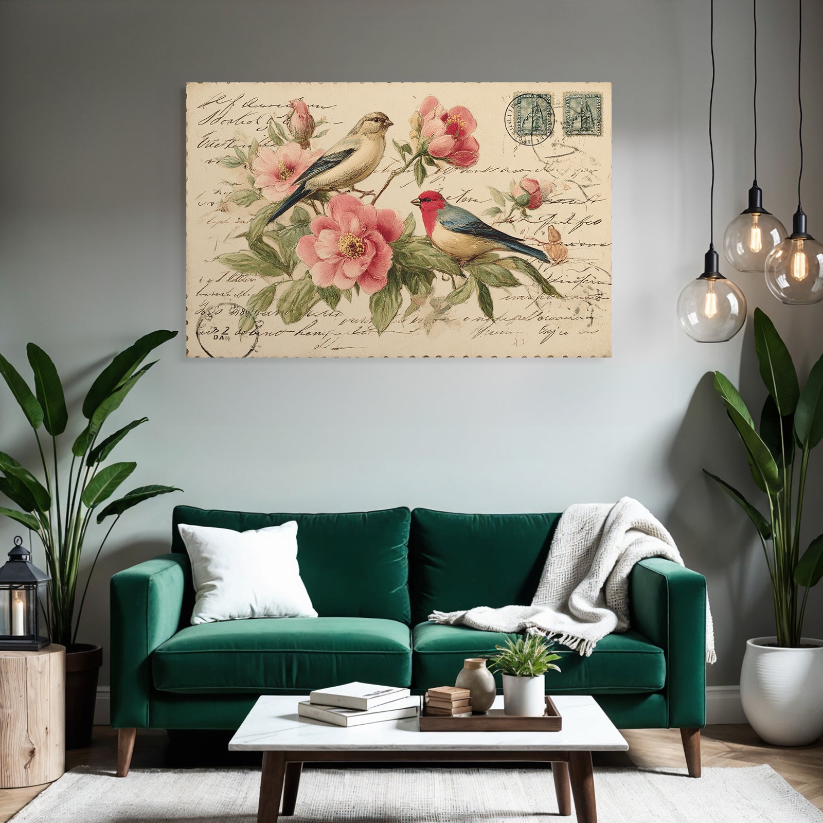 Vintage and shabby vintage postcard with birds and flowers