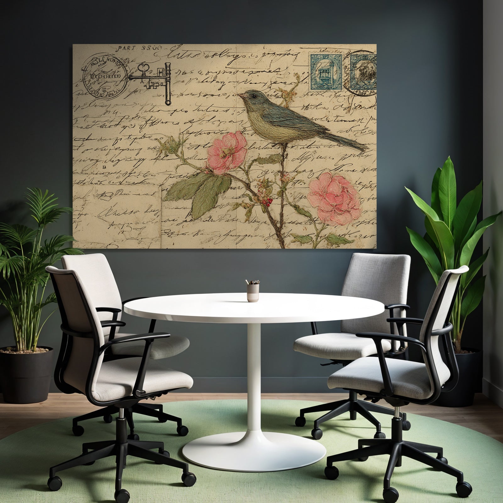 Vintage and shabby vintage postcard bird with roses handwriting and stamps