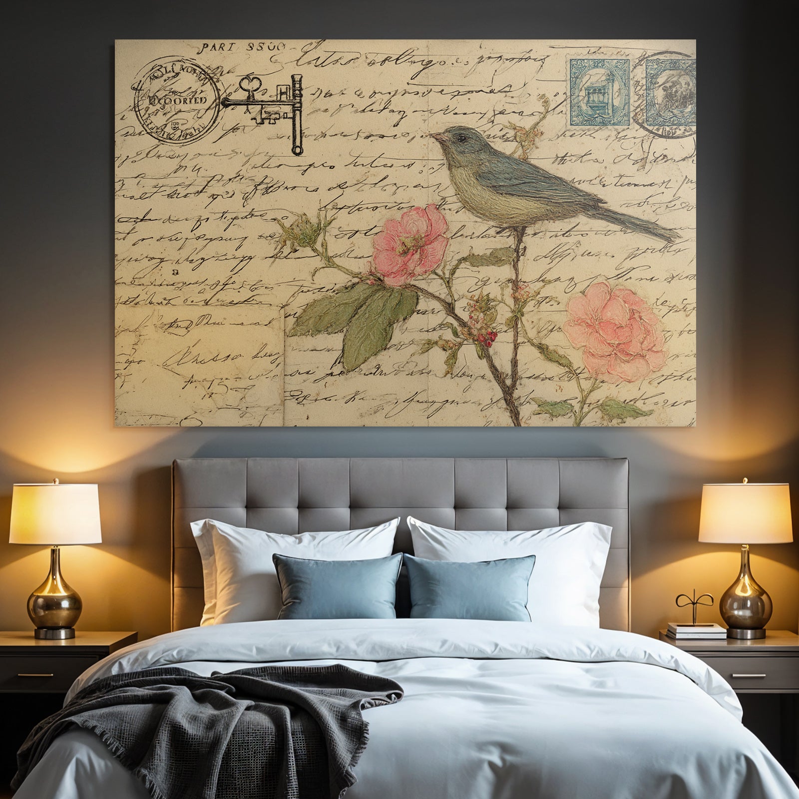 Vintage and shabby vintage postcard bird with roses handwriting and stamps
