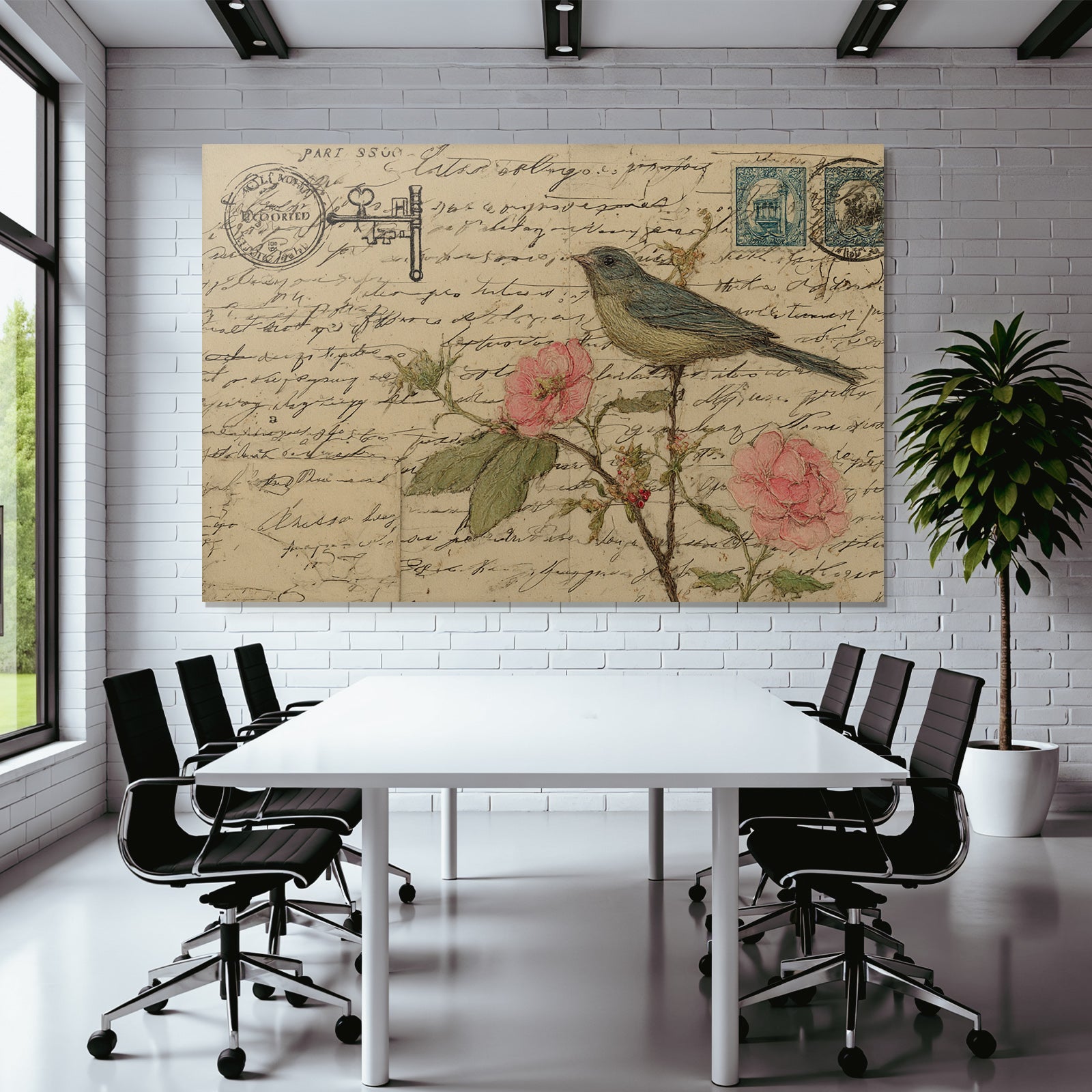 Vintage and shabby vintage postcard bird with roses handwriting and stamps