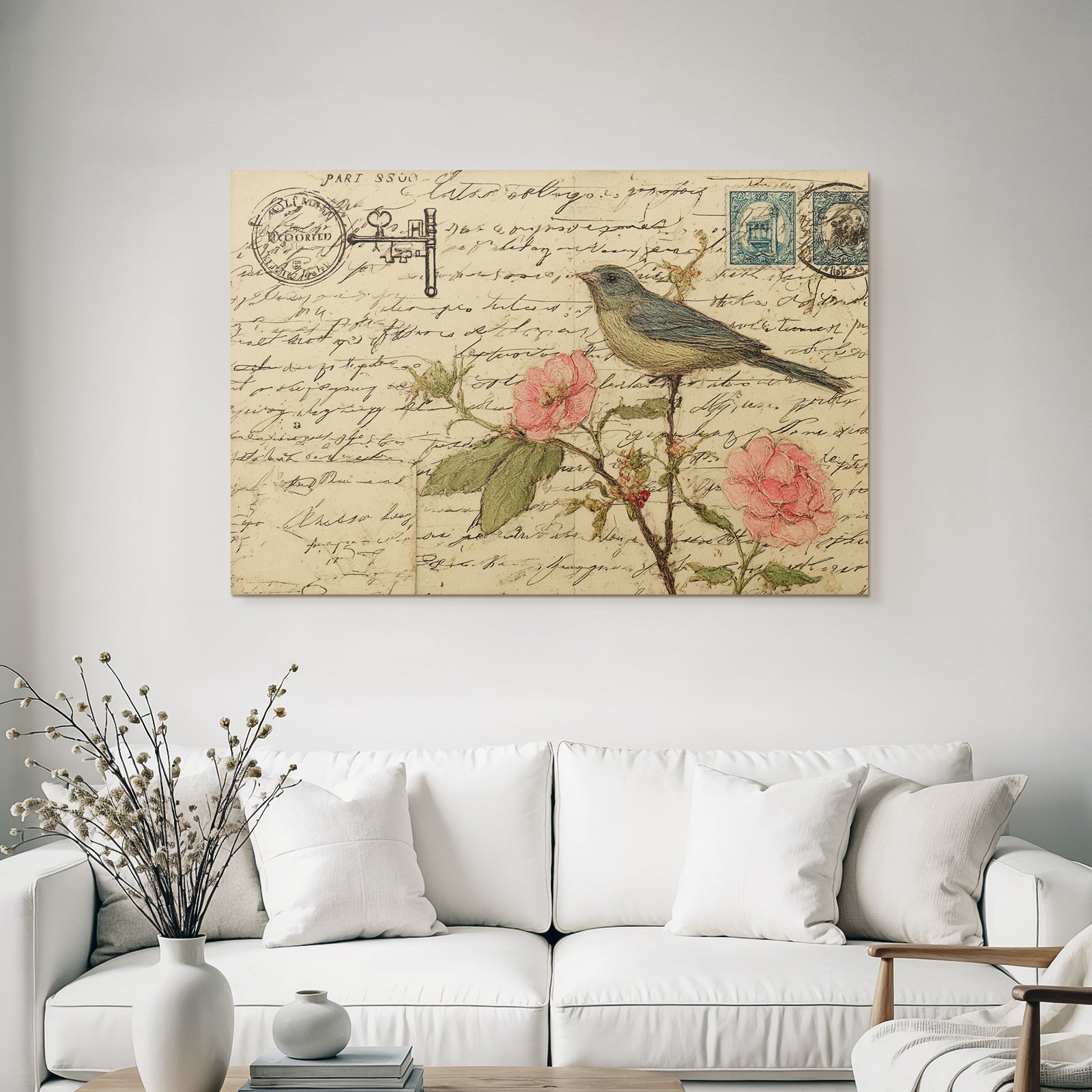 Vintage and shabby vintage postcard bird with roses handwriting and stamps