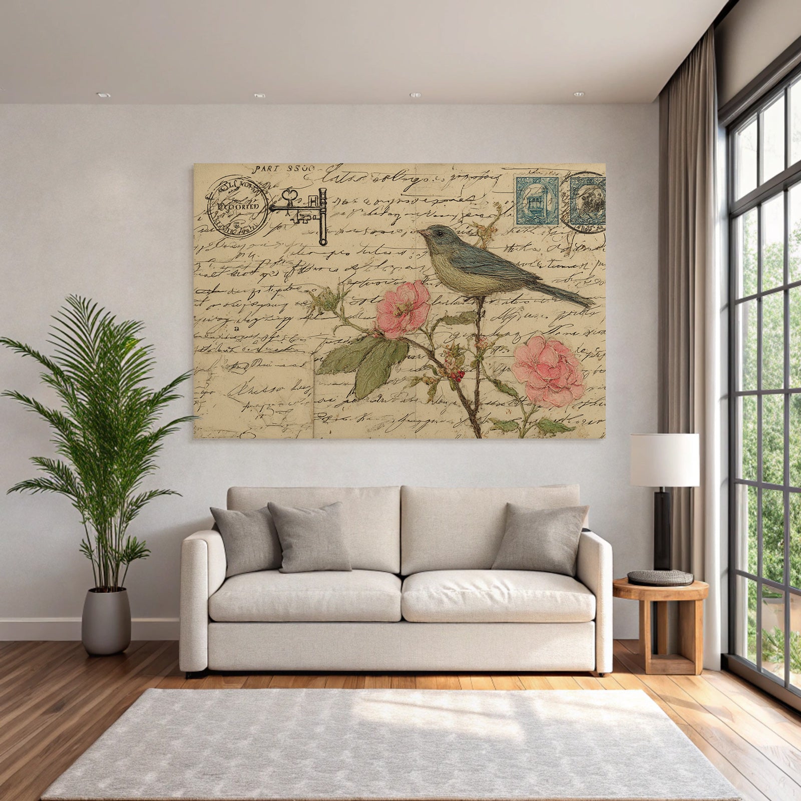Vintage and shabby vintage postcard bird with roses handwriting and stamps