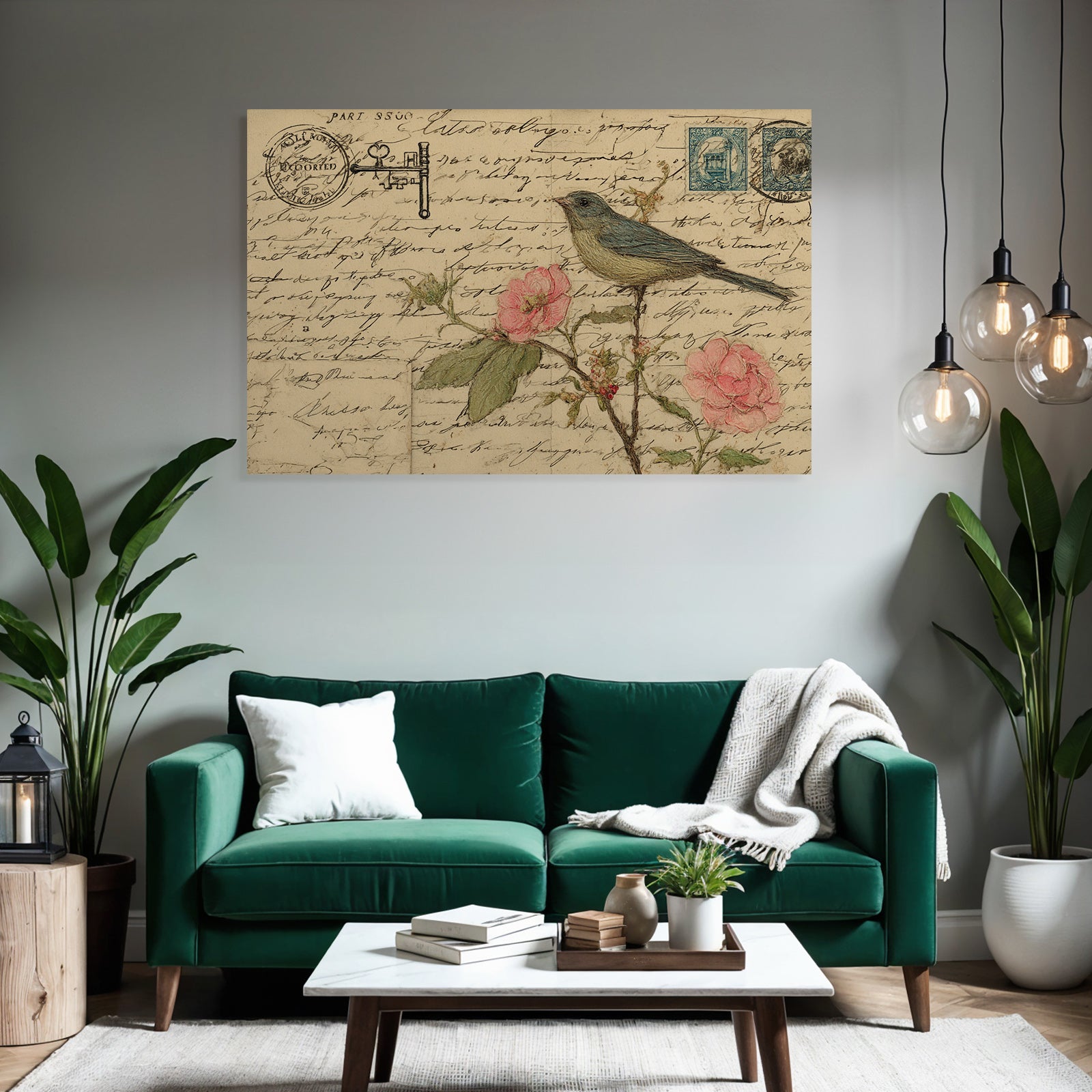 Vintage and shabby vintage postcard bird with roses handwriting and stamps