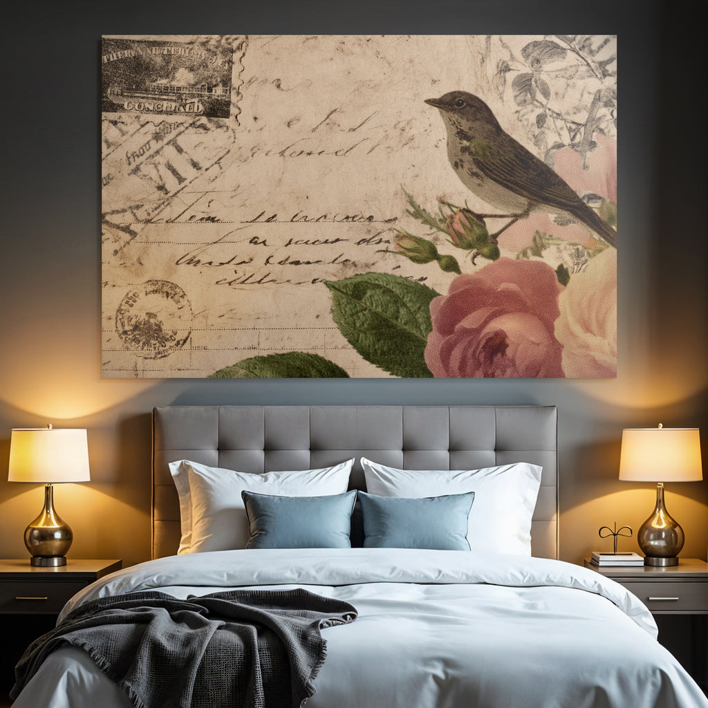 Vintage Und Shabby Vintage Postkarte Vogel Rosen Handschrift