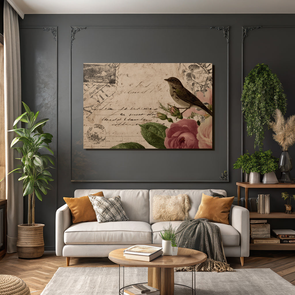 Vintage Und Shabby Vintage Postkarte Vogel Rosen Handschrift