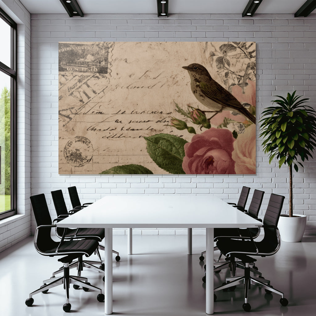 Vintage Und Shabby Vintage Postkarte Vogel Rosen Handschrift