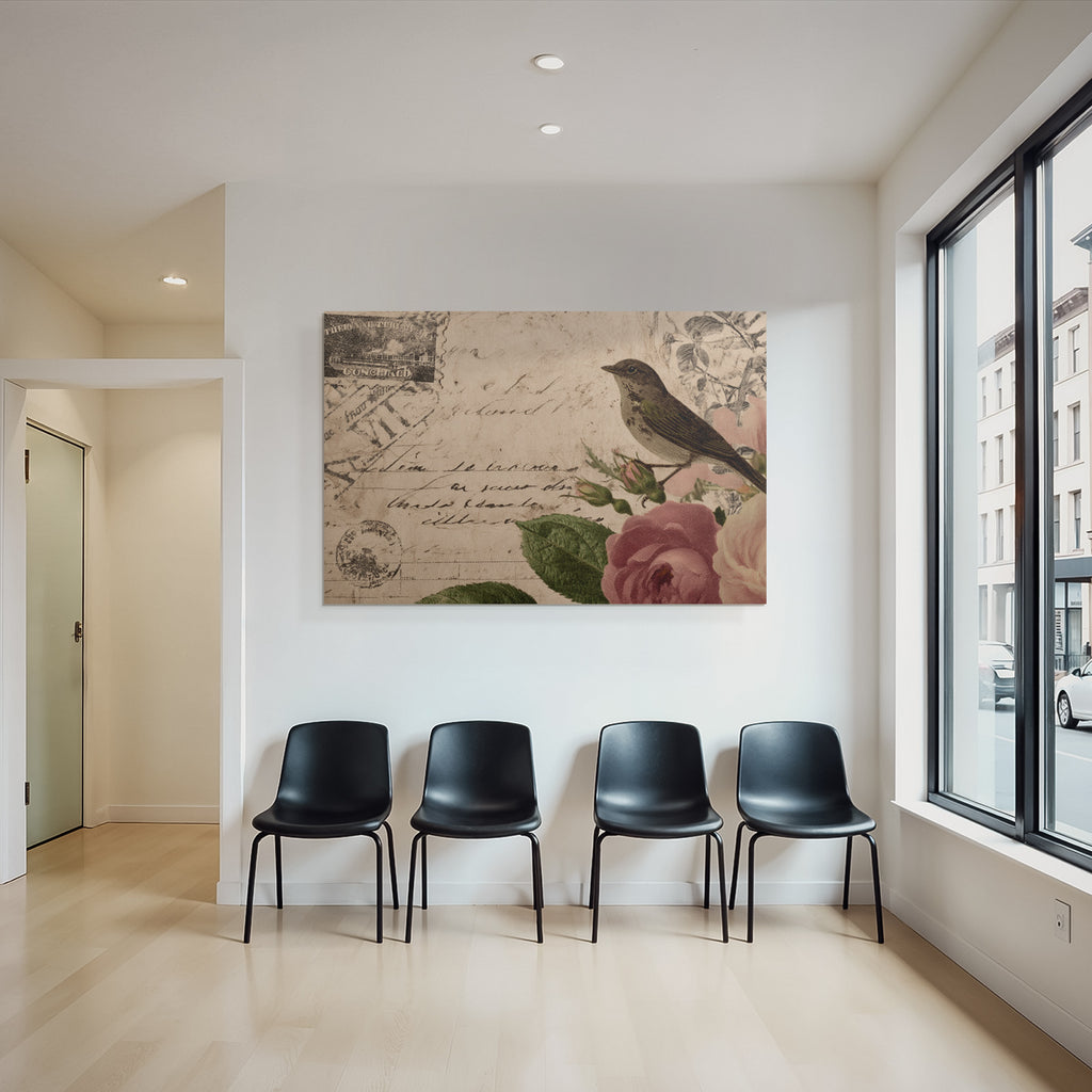 Vintage Und Shabby Vintage Postkarte Vogel Rosen Handschrift